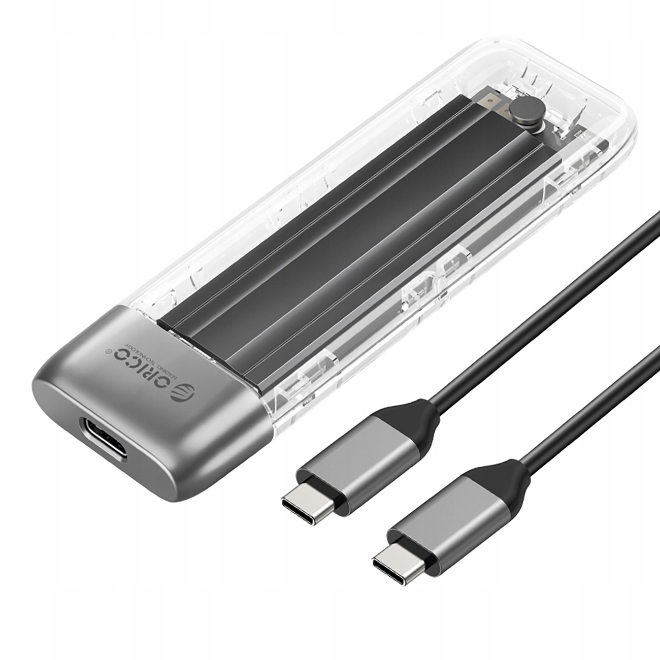 Obudowa SSD z dwoma kablami USB. Obudowa jest srebrna i przezroczysta. Marka jest widoczna.