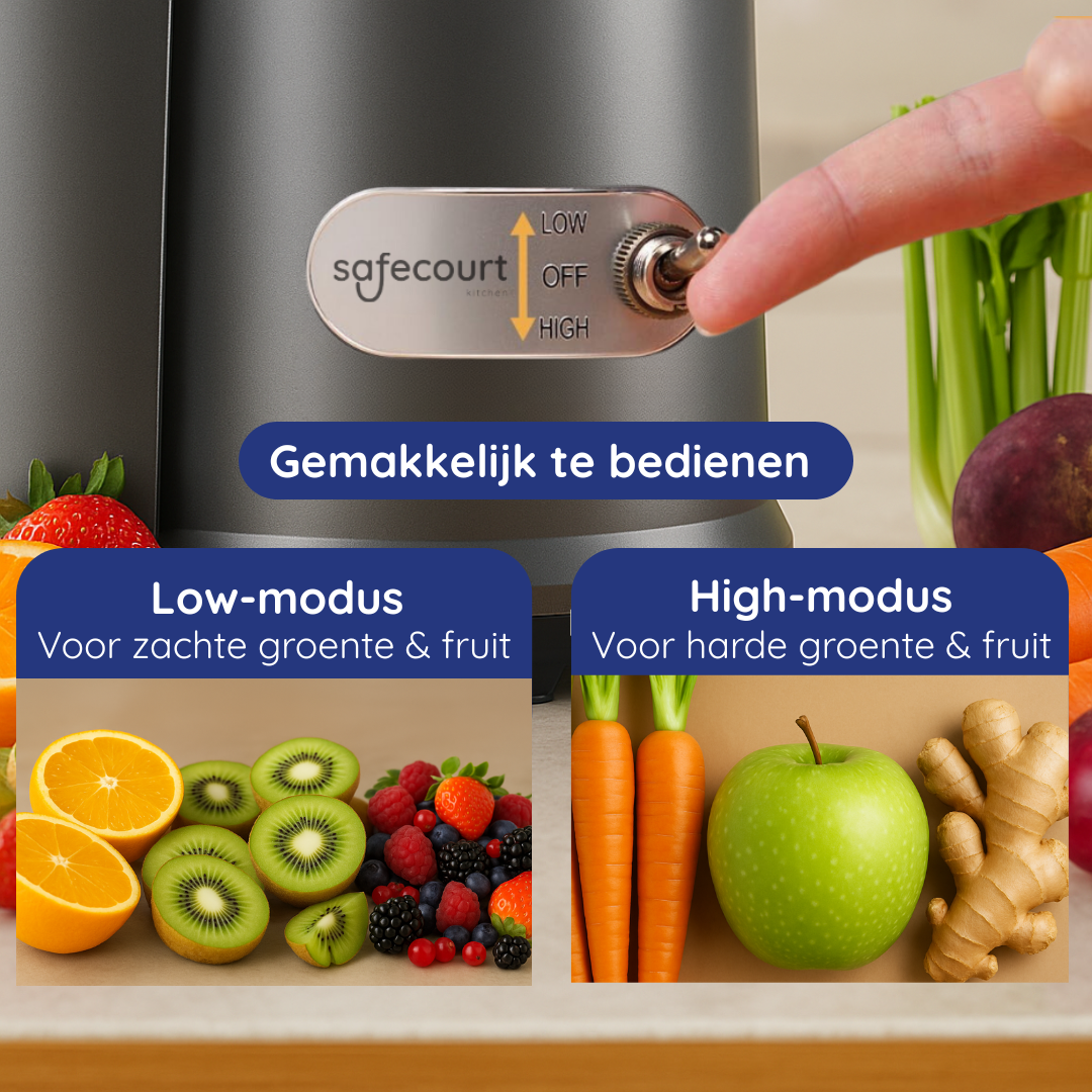 A hand switches a juicer's power settings. Fruits are in the foreground. Includes low and high modes.
