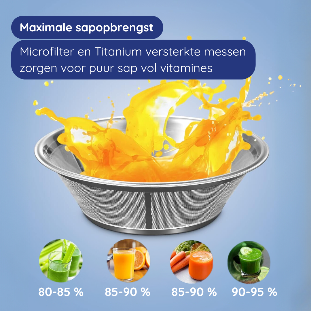 Juice splashing from a mesh basket. Glasses of juice with percentages for juice yield, with fruits.