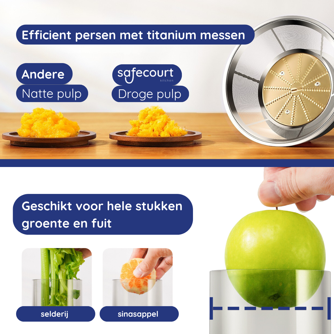 An image showing a juicer and its components with text in Dutch.