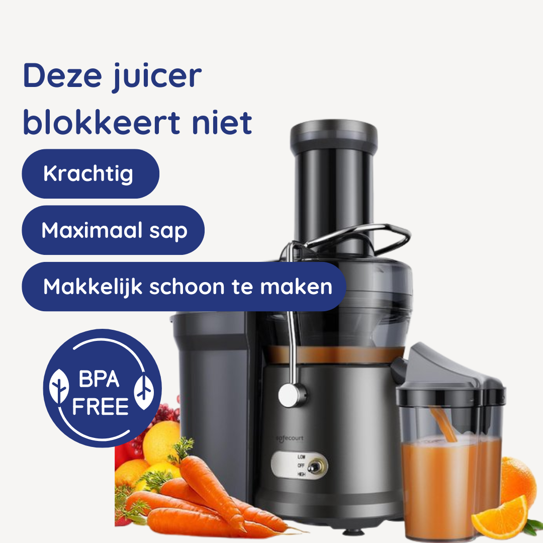 A juicer with carrots and oranges, and text that says BPA free.