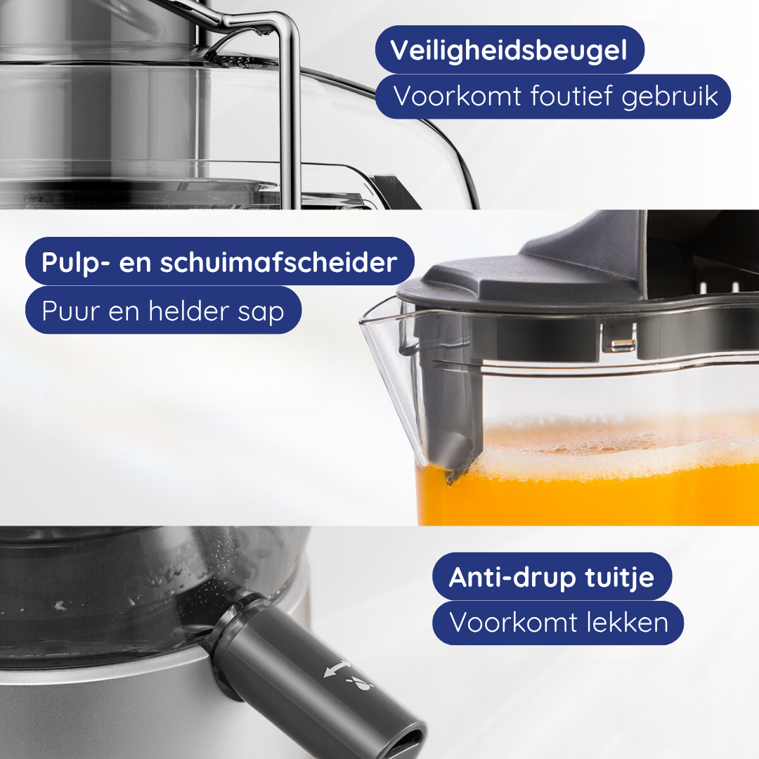 Close-up of juicer components. Includes pulp separator, safety lock, and anti-drip spout. Orange juice.