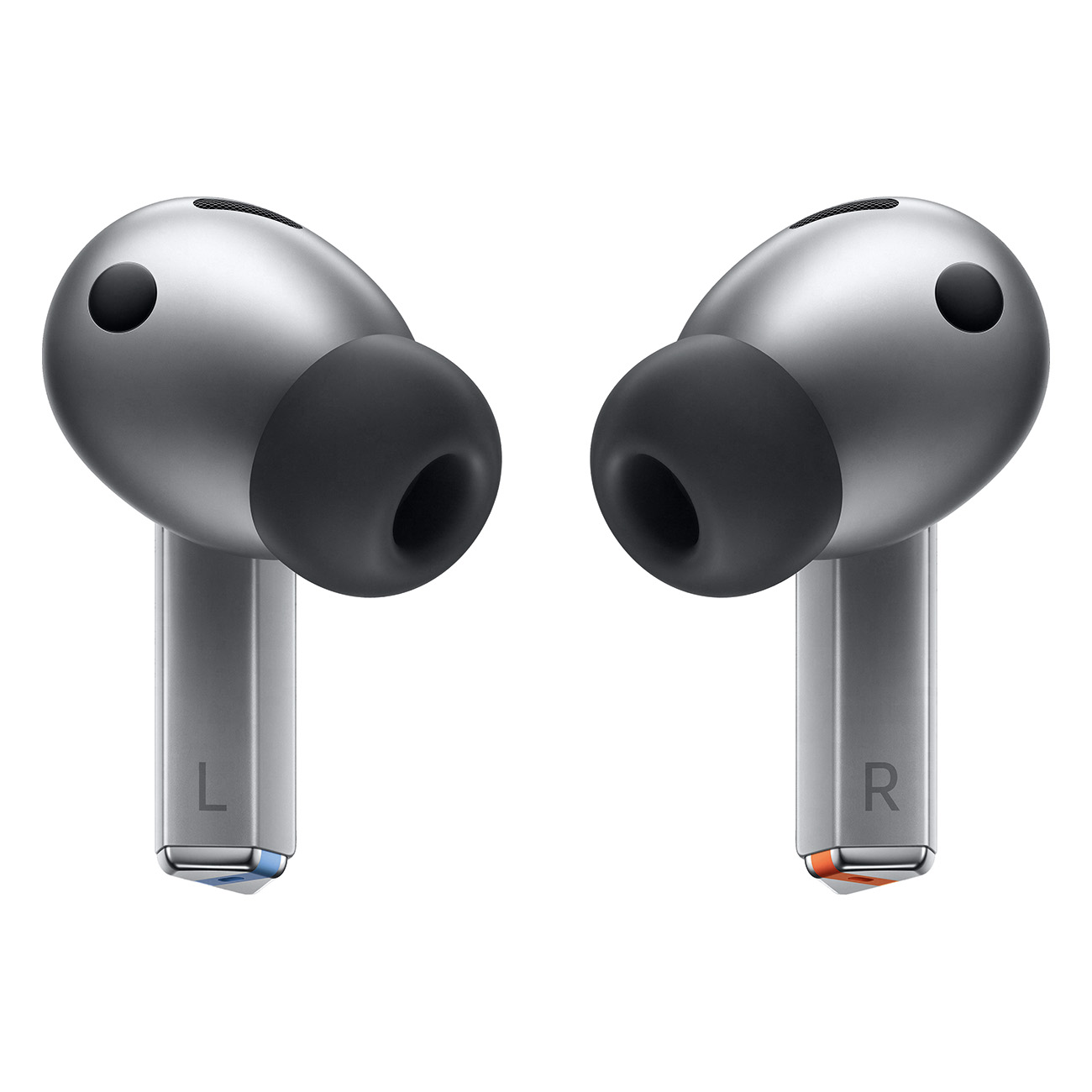 Dwie srebrne słuchawki z czarnymi końcówkami, oznaczone 'L' i 'R'.