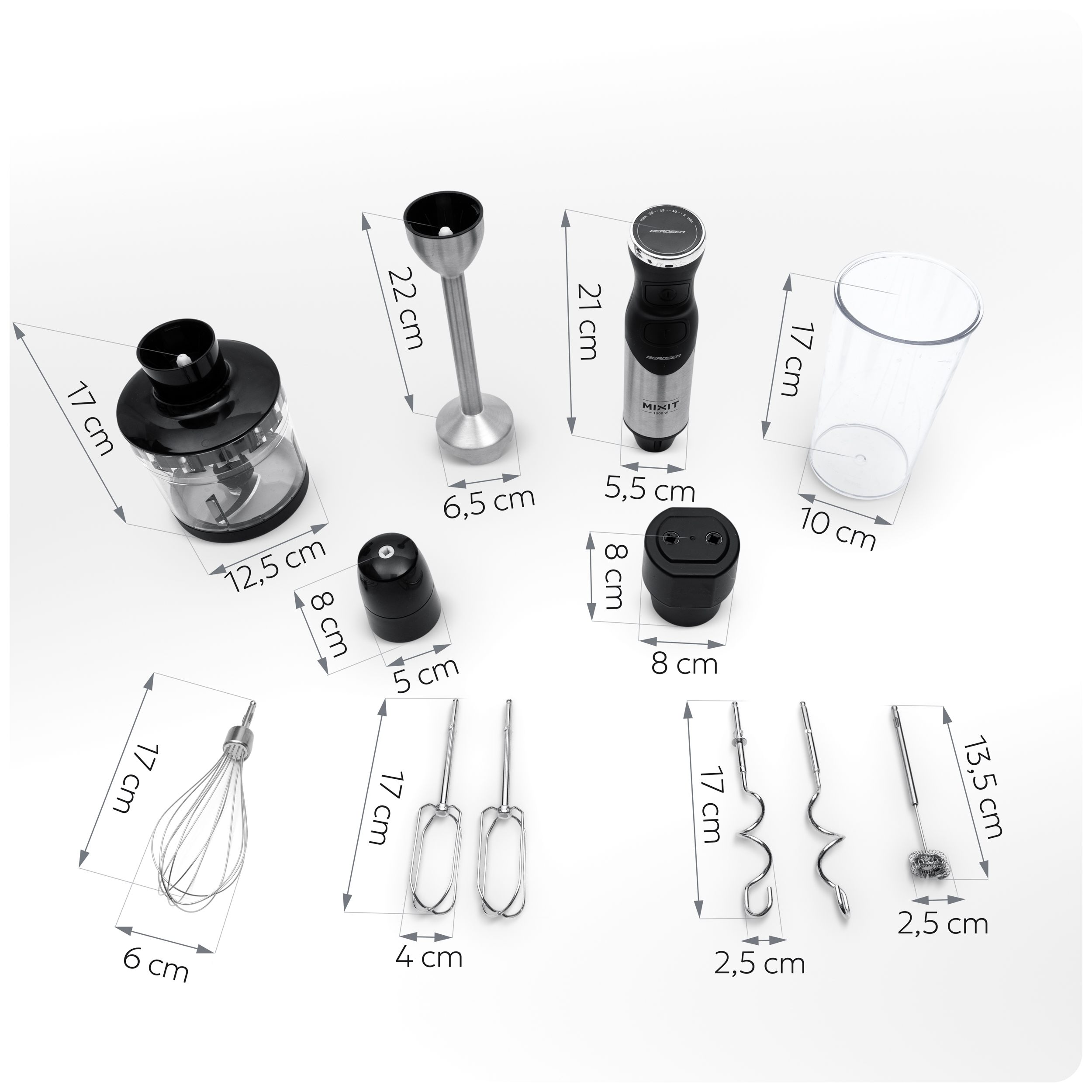 Różne końcówki do blendera z wymiarami w centymetrach.