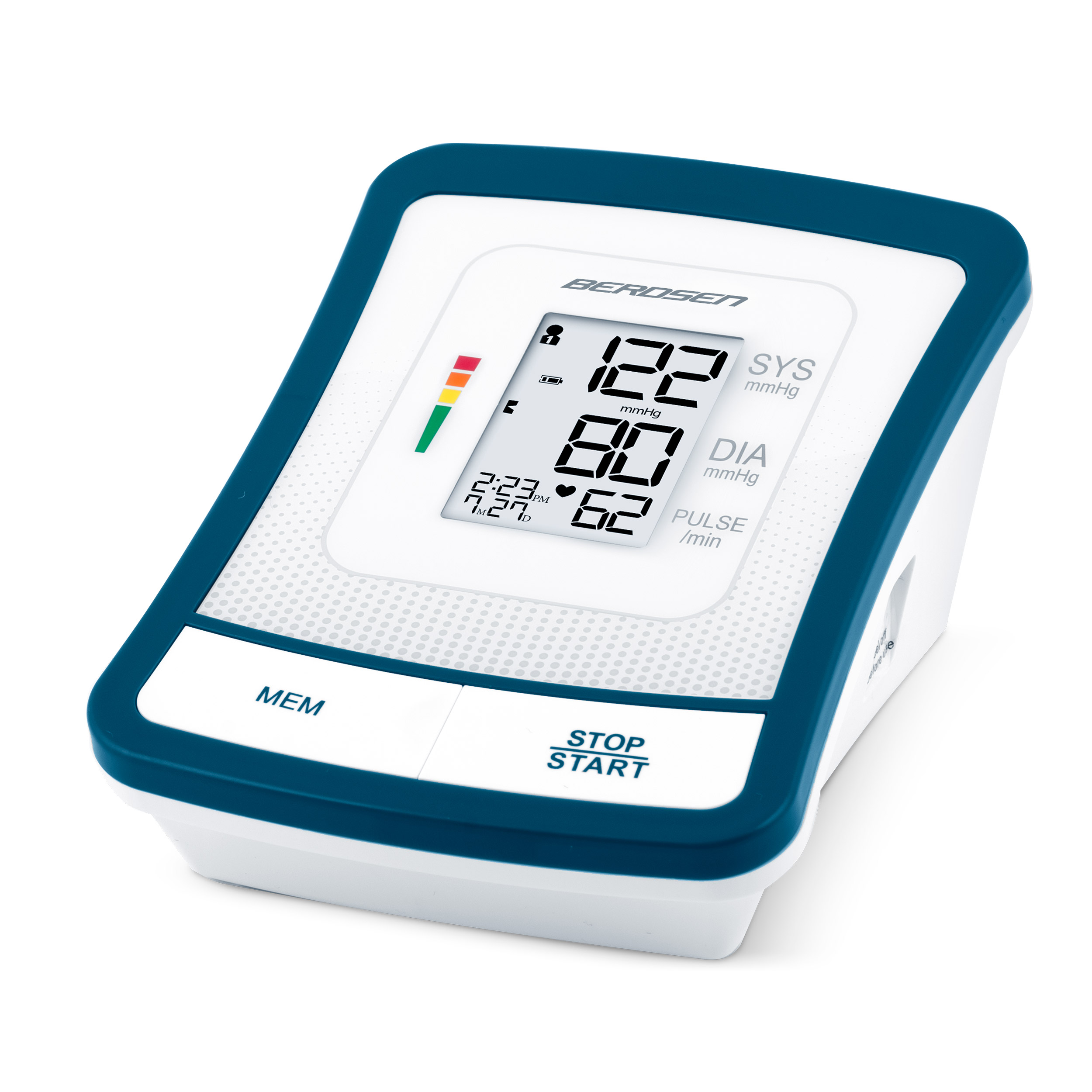 Biało-niebieski monitor ciśnienia krwi wyświetla liczby. Urządzenie ma przyciski.