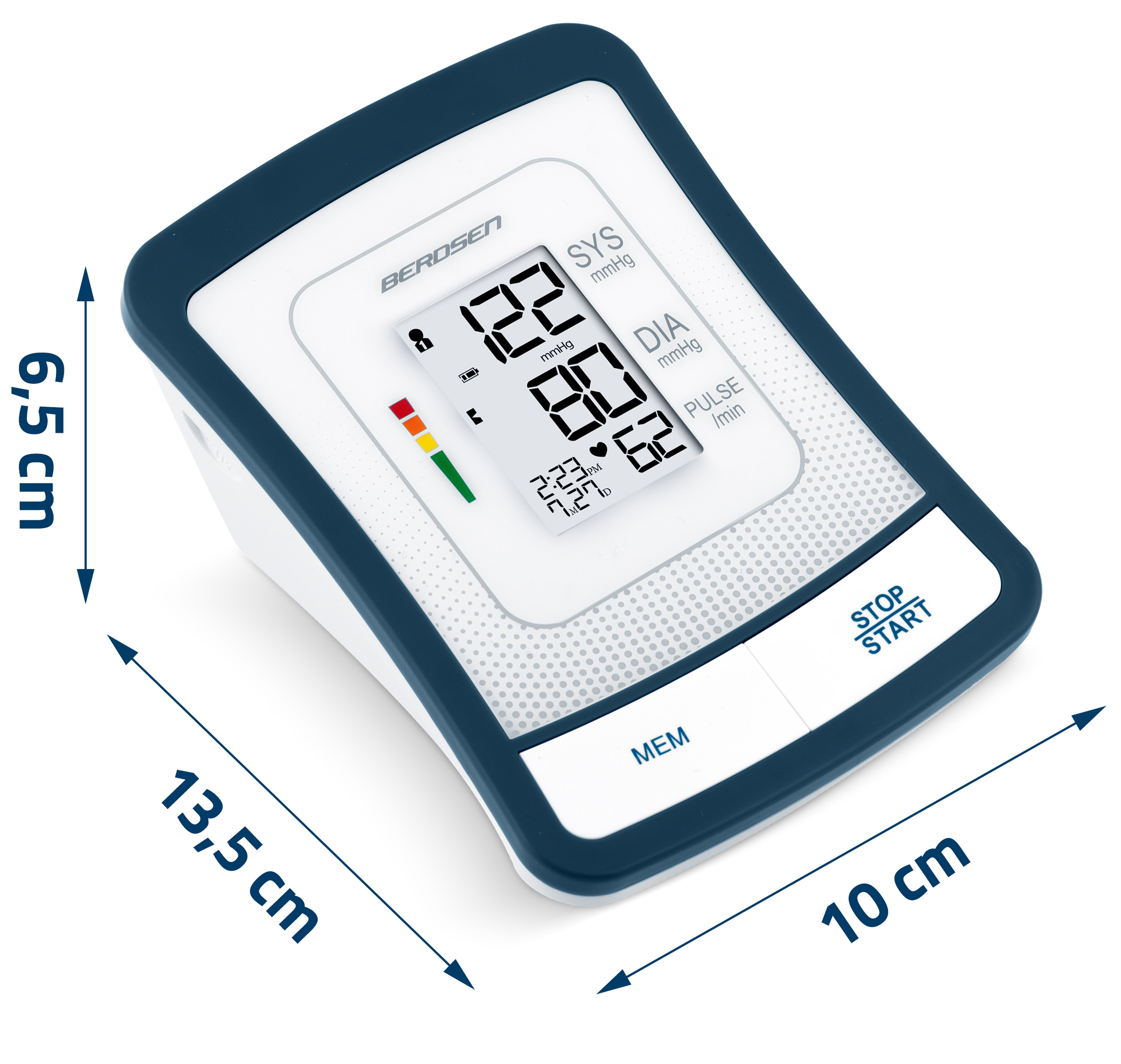 Ciśnieniomierz z wyświetlonymi pomiarami. Ma białe tło i niebieskie obramowanie.