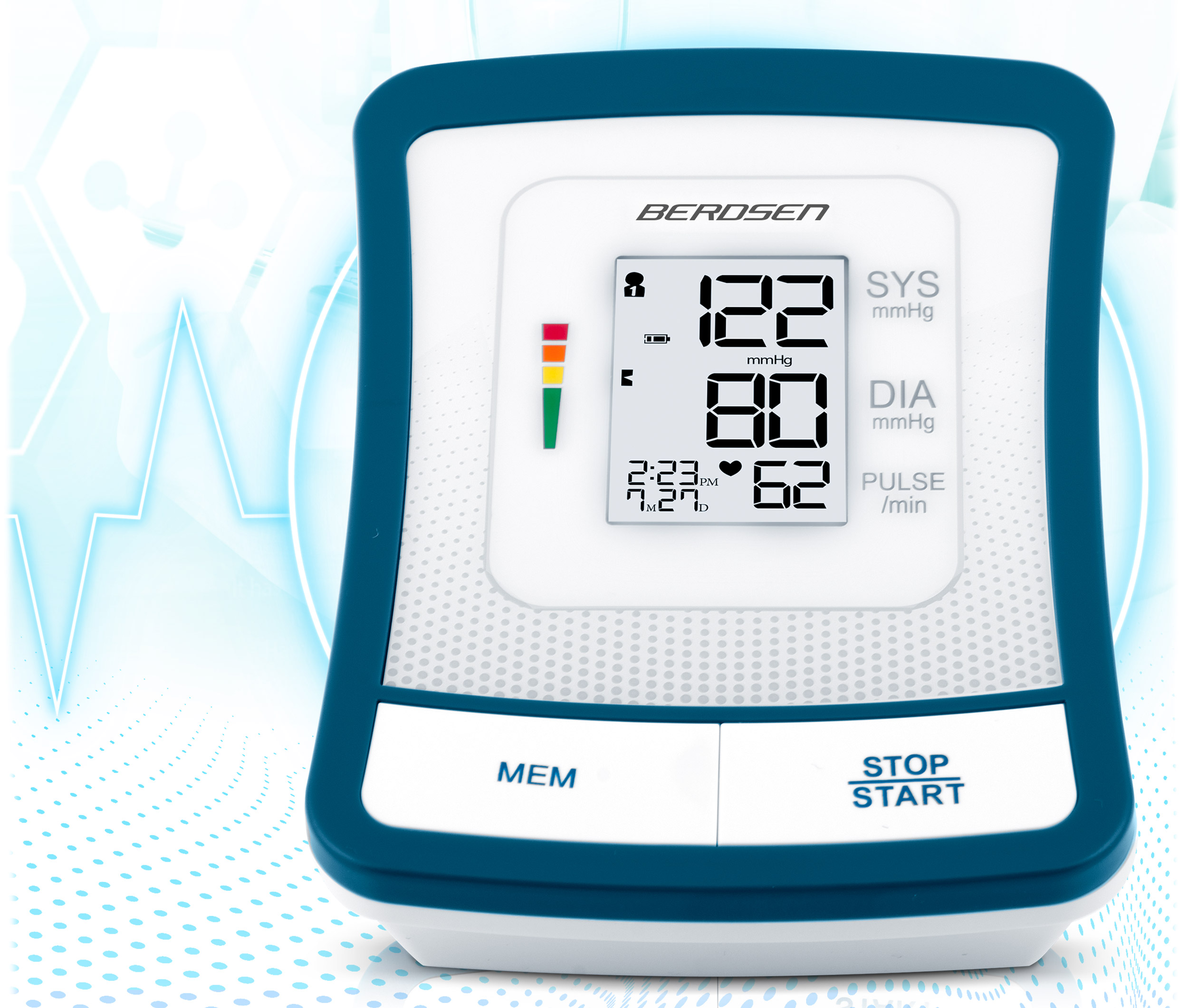 Ciśnieniomierz z wyświetlonymi pomiarami. Ma białe tło i niebieskie obramowanie.