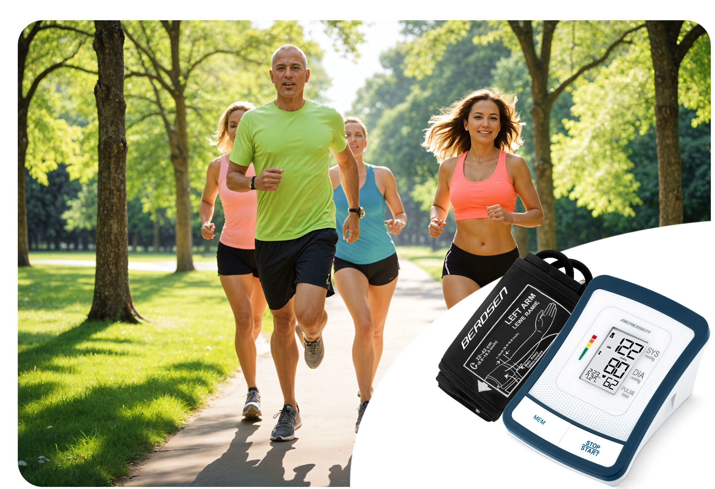 Cztery osoby biegające na ścieżce, z monitorami ciśnienia krwi po prawej stronie.