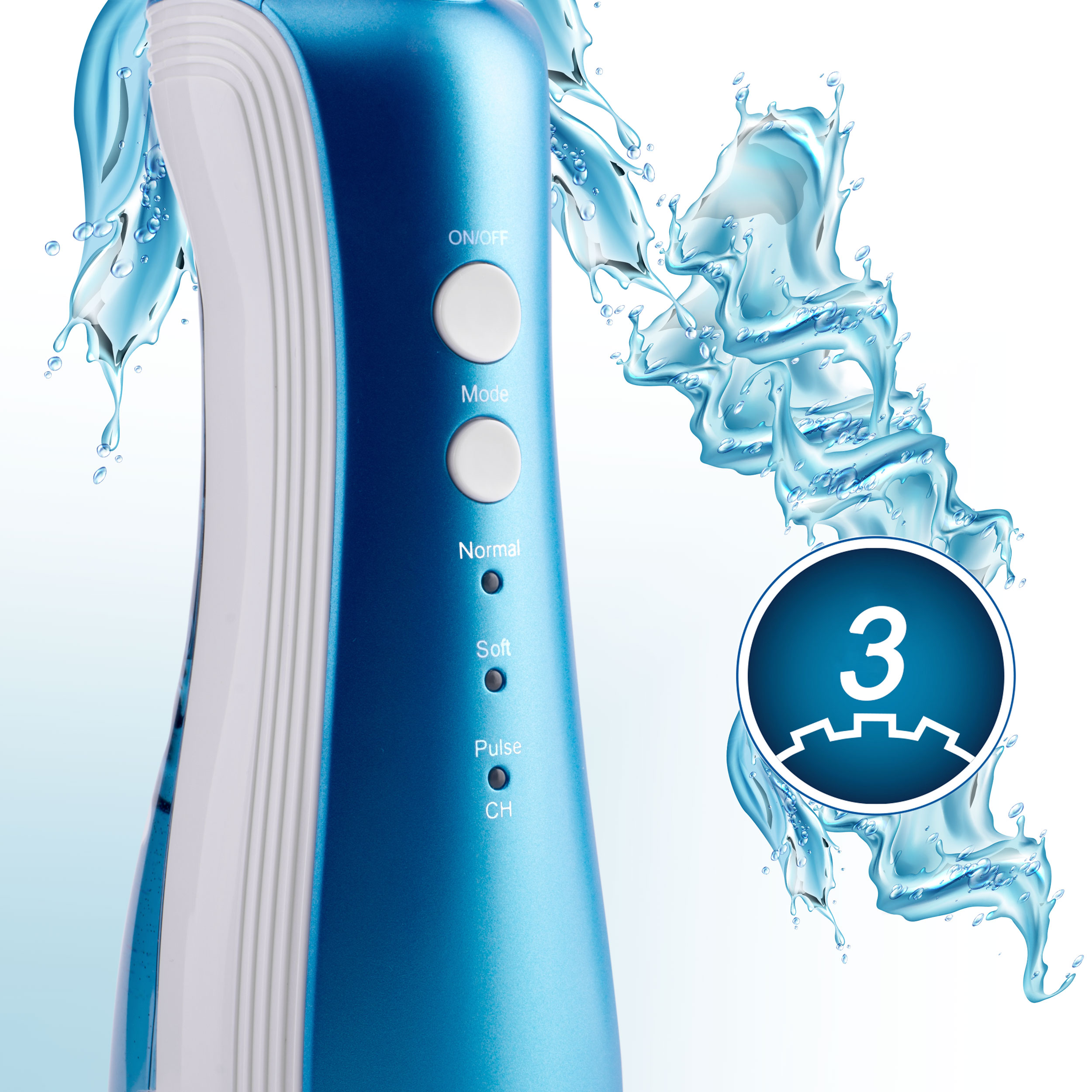 Niebiesko-biały irygator z rozpryskami wody i ikoną zębatki.