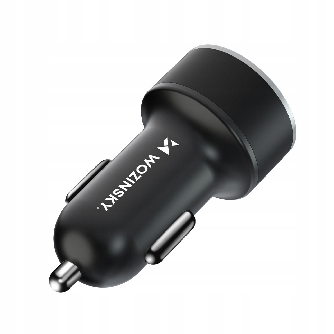 Czarna ładowarka samochodowa z logo Wozinsky. Jest włączona.