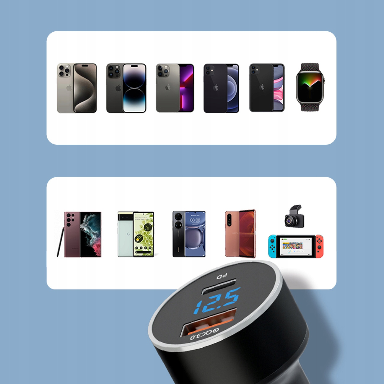 Wiele smartfonów i smartwatch z ładowarką samochodową.