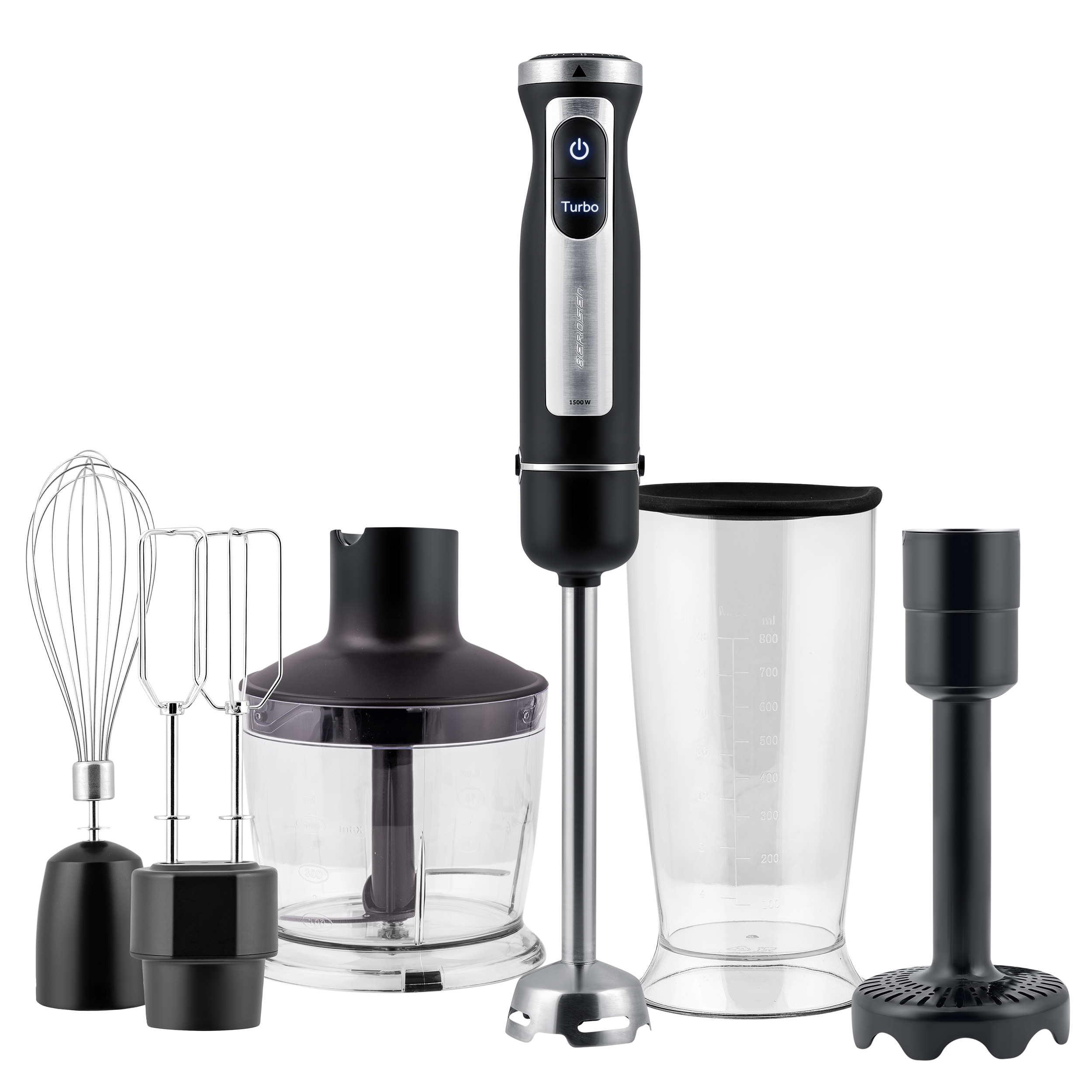 Zestaw czarno-srebrnego blendera ręcznego z nasadkami.