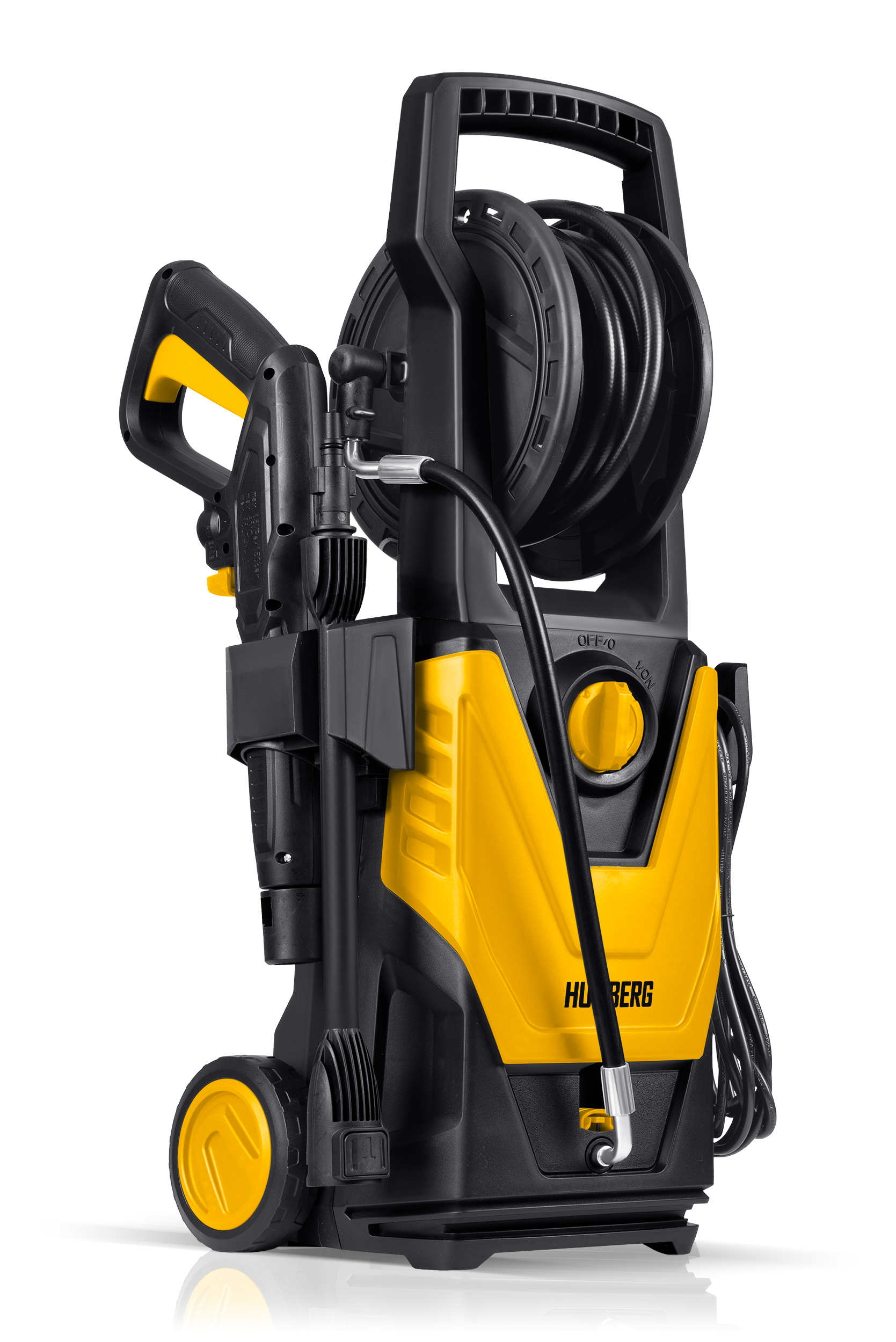 Żółto-czarna myjka ciśnieniowa ze zwijaczem węża.