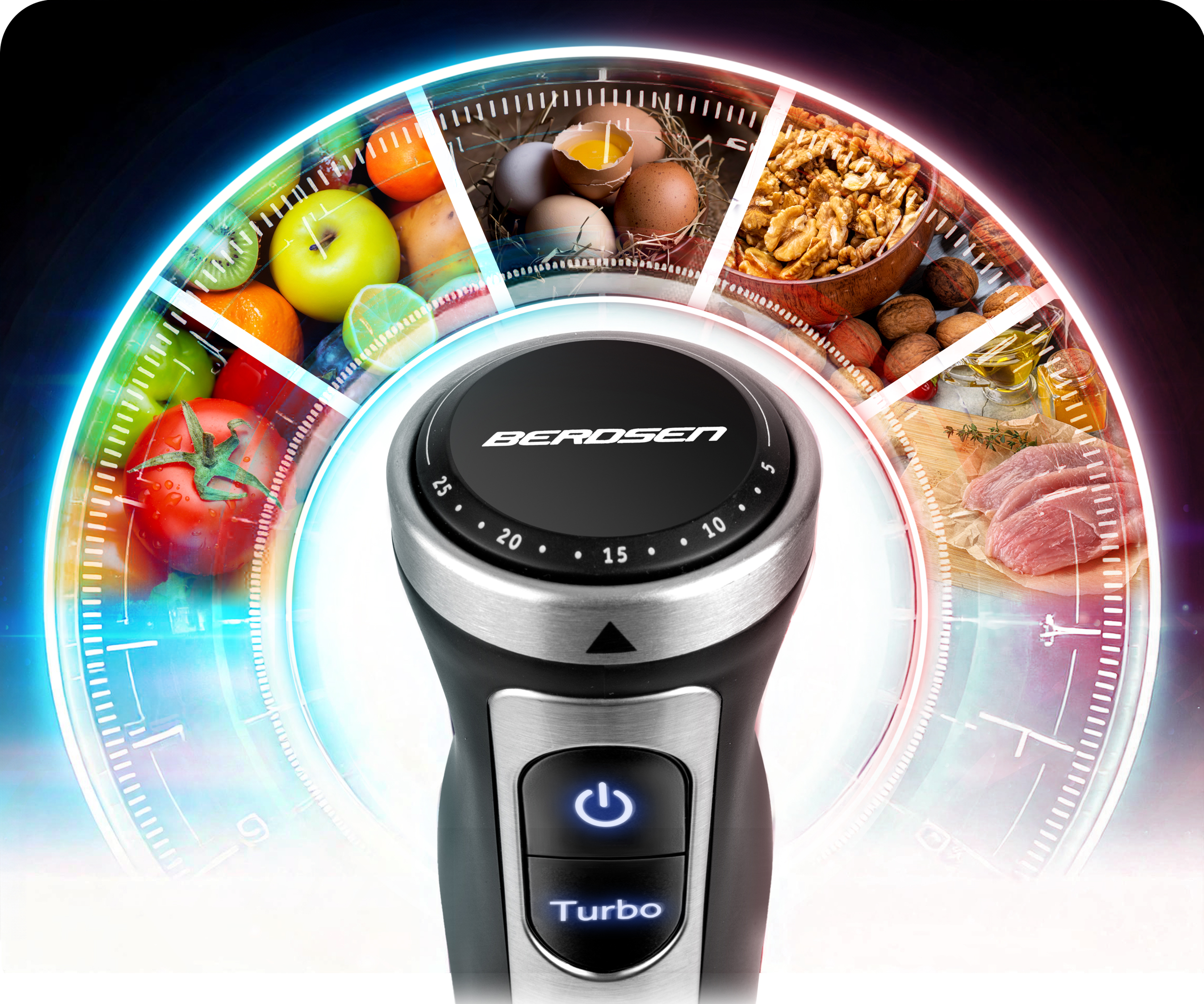 Zbliżenie panelu sterowania blendera z przyciskiem turbo i liczbami.