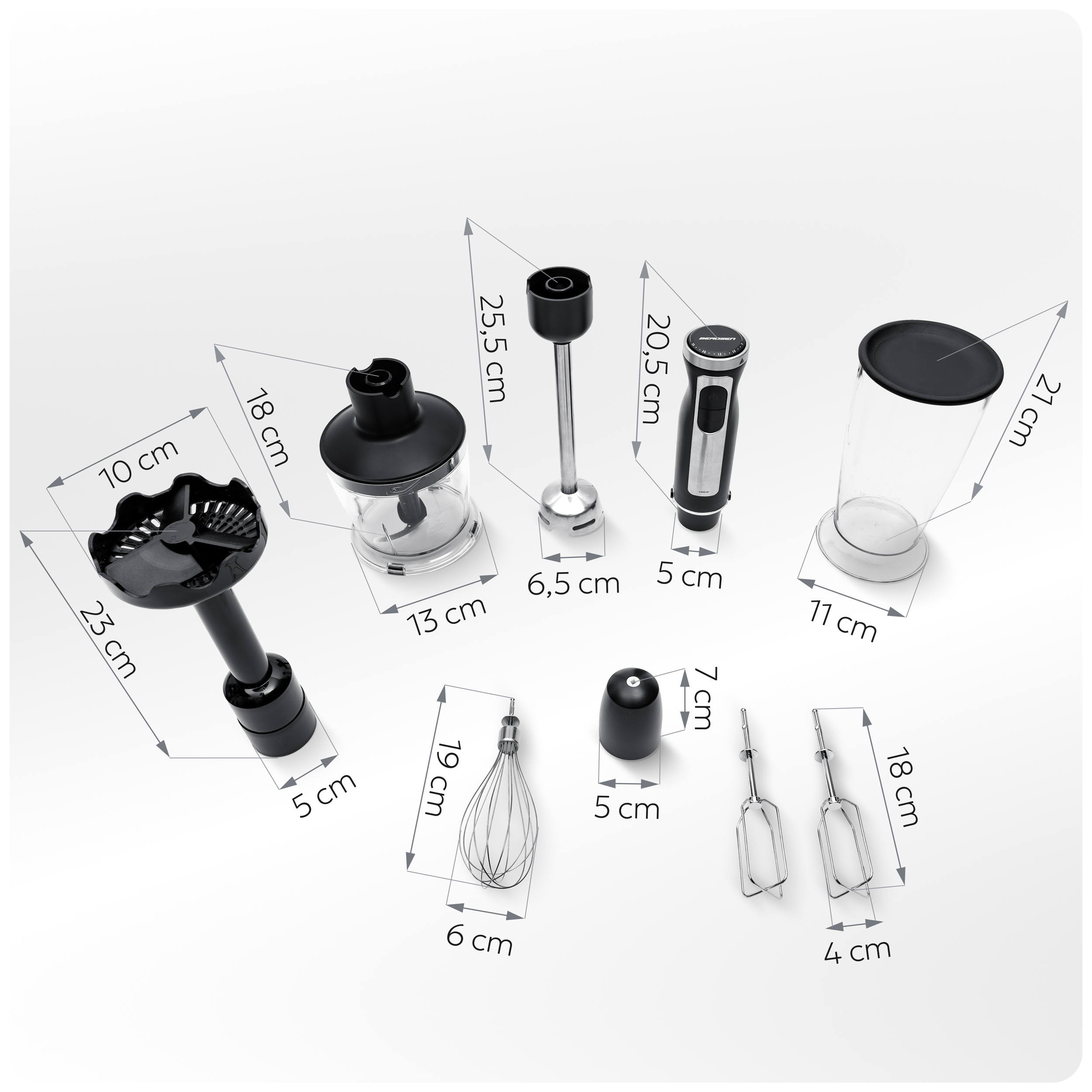 Akcesoria do blendera ręcznego z pokazanymi wymiarami.