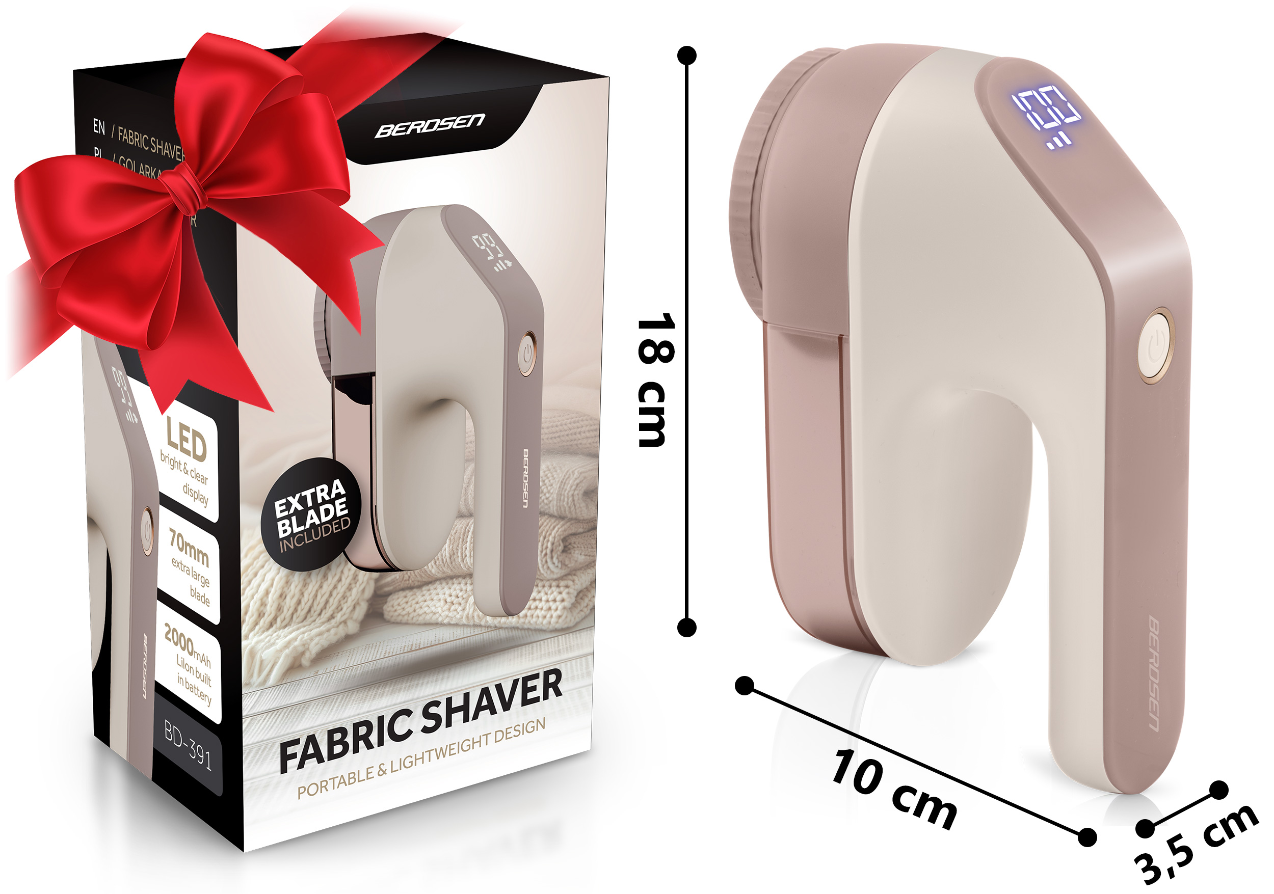 Golarka do tkanin z pudełkiem prezentowym i pokazanymi wymiarami.