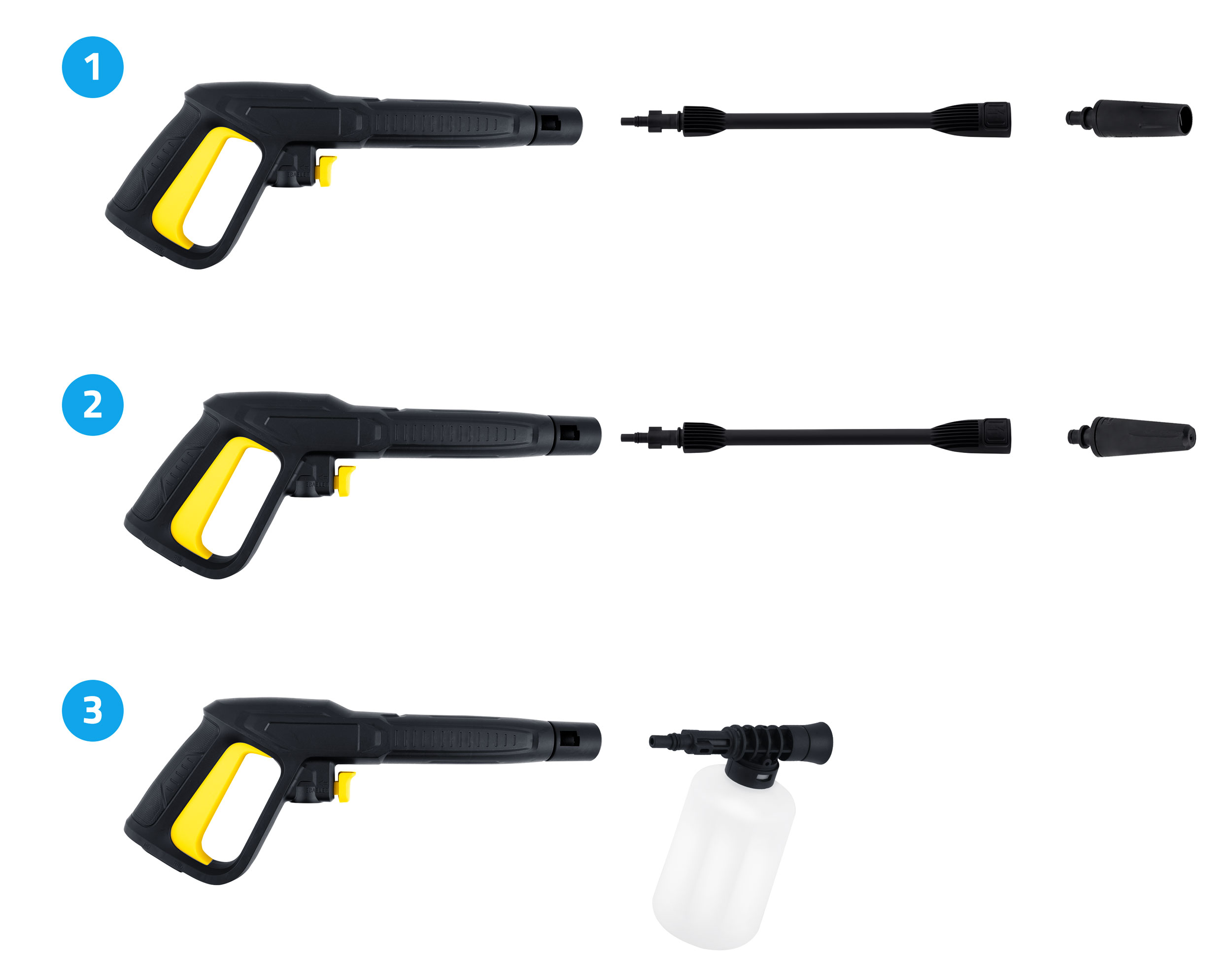 Trzy konfiguracje pistoletu do myjki ciśnieniowej z różnymi dyszami.