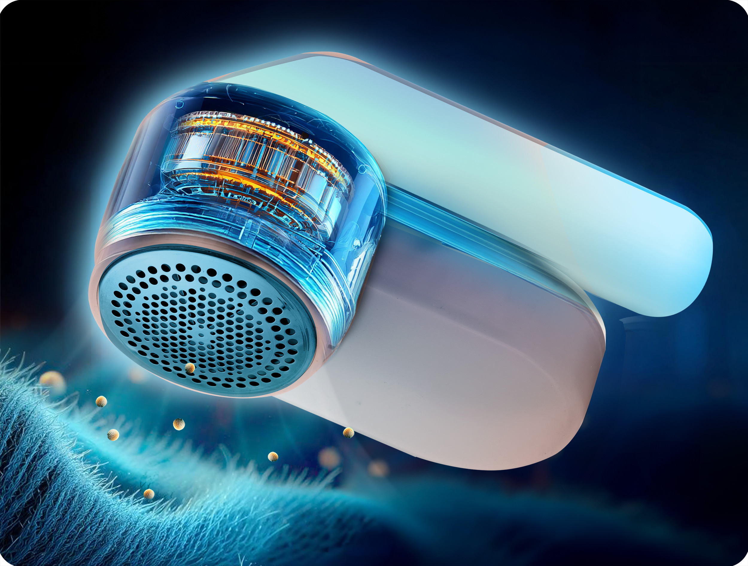 Zbliżenie golarki do tkanin, pokazujące mechanizm wewnętrzny.