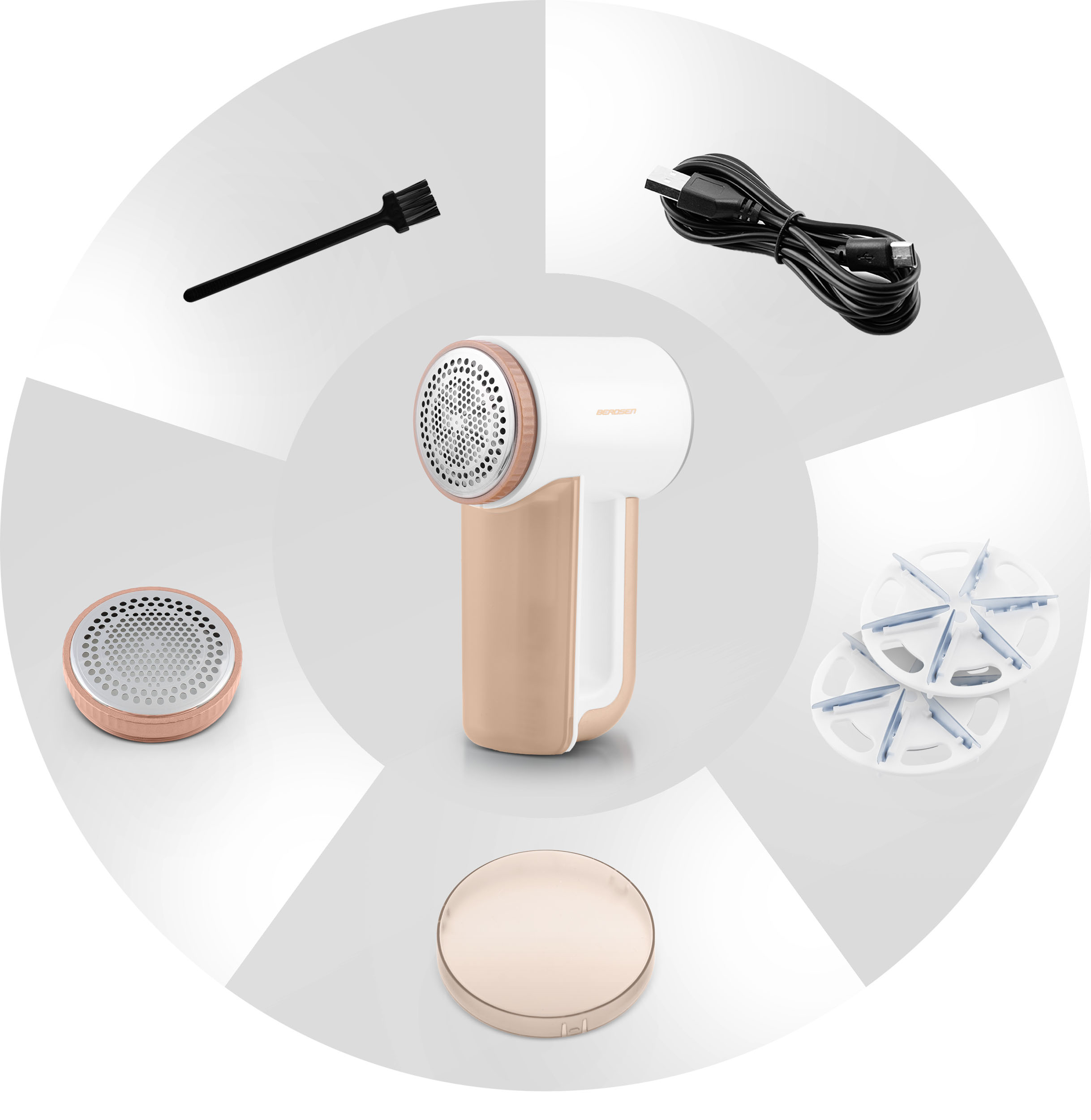 Golarka do ubrań z akcesoriami: szczotką, osłoną głowicy i ostrzami zapasowymi.