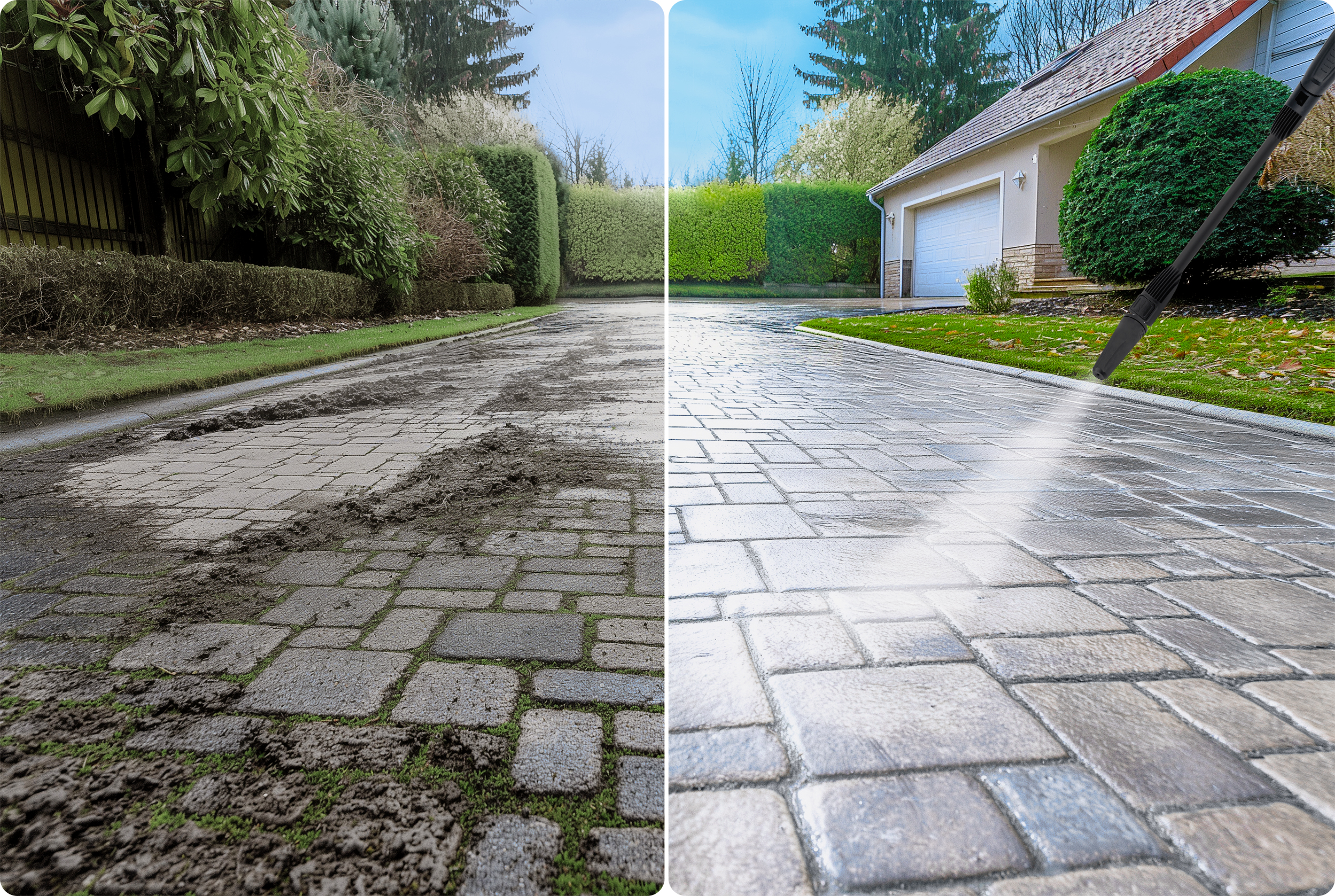Zdjęcie przed i po podjeździe. Jedna strona pokazuje brudny podjazd. Druga jest czyszczona myjką ciśnieniową.