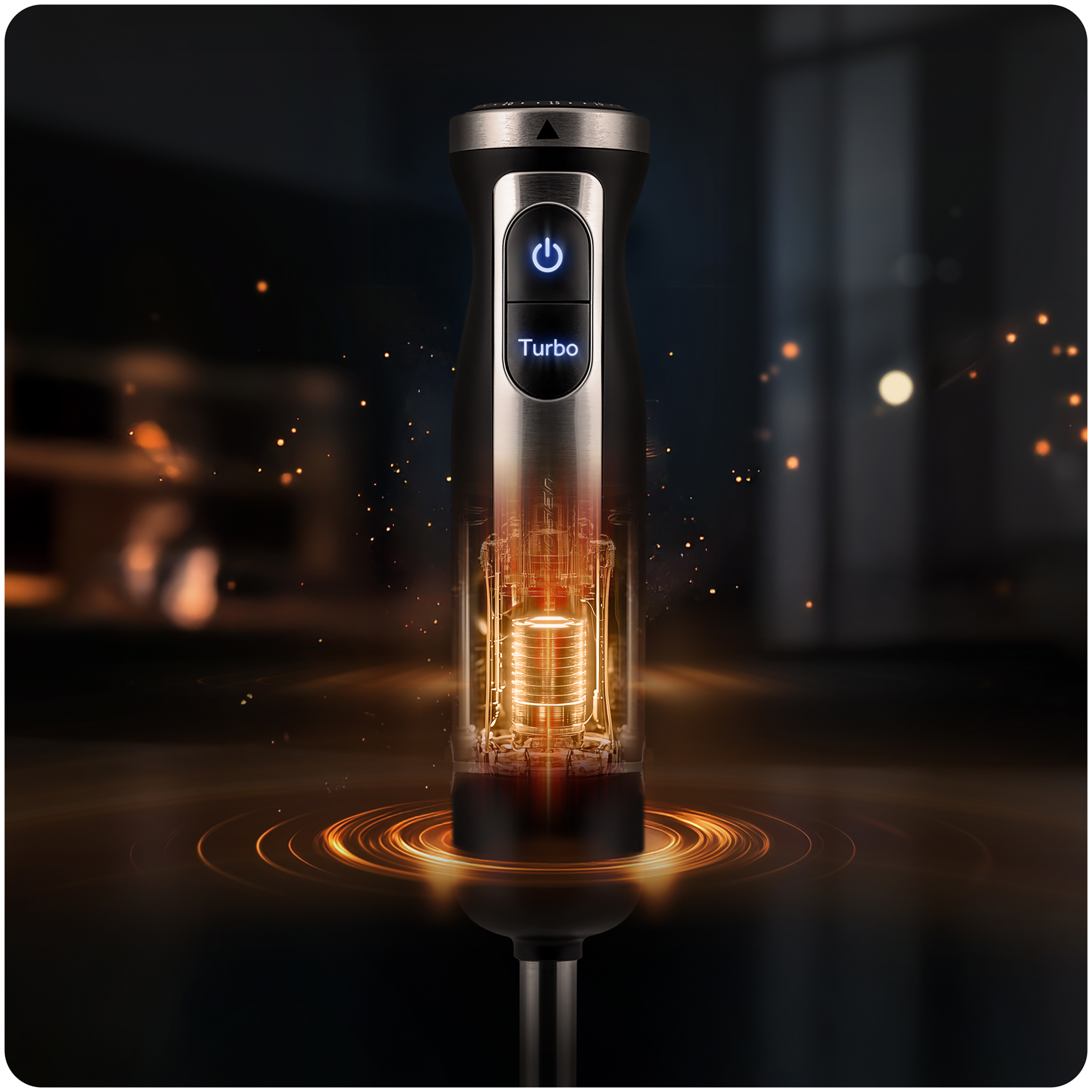 Przekrój blendera ręcznego z podświetlonym przyciskiem zasilania i turbo.