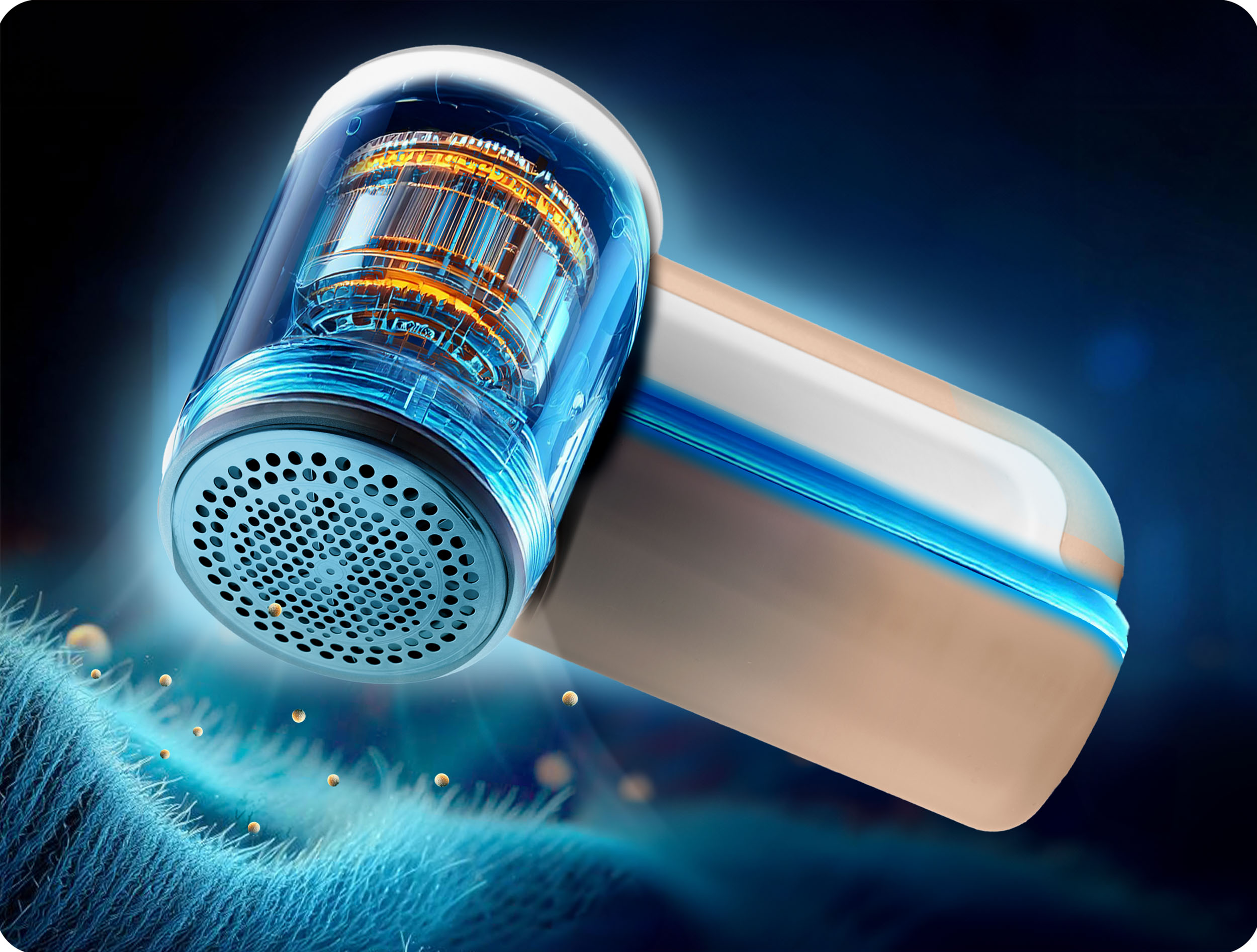 Przezroczysta elektryczna maszynka do usuwania kłaczków z widocznymi elementami wewnętrznymi, na tle granatowym.