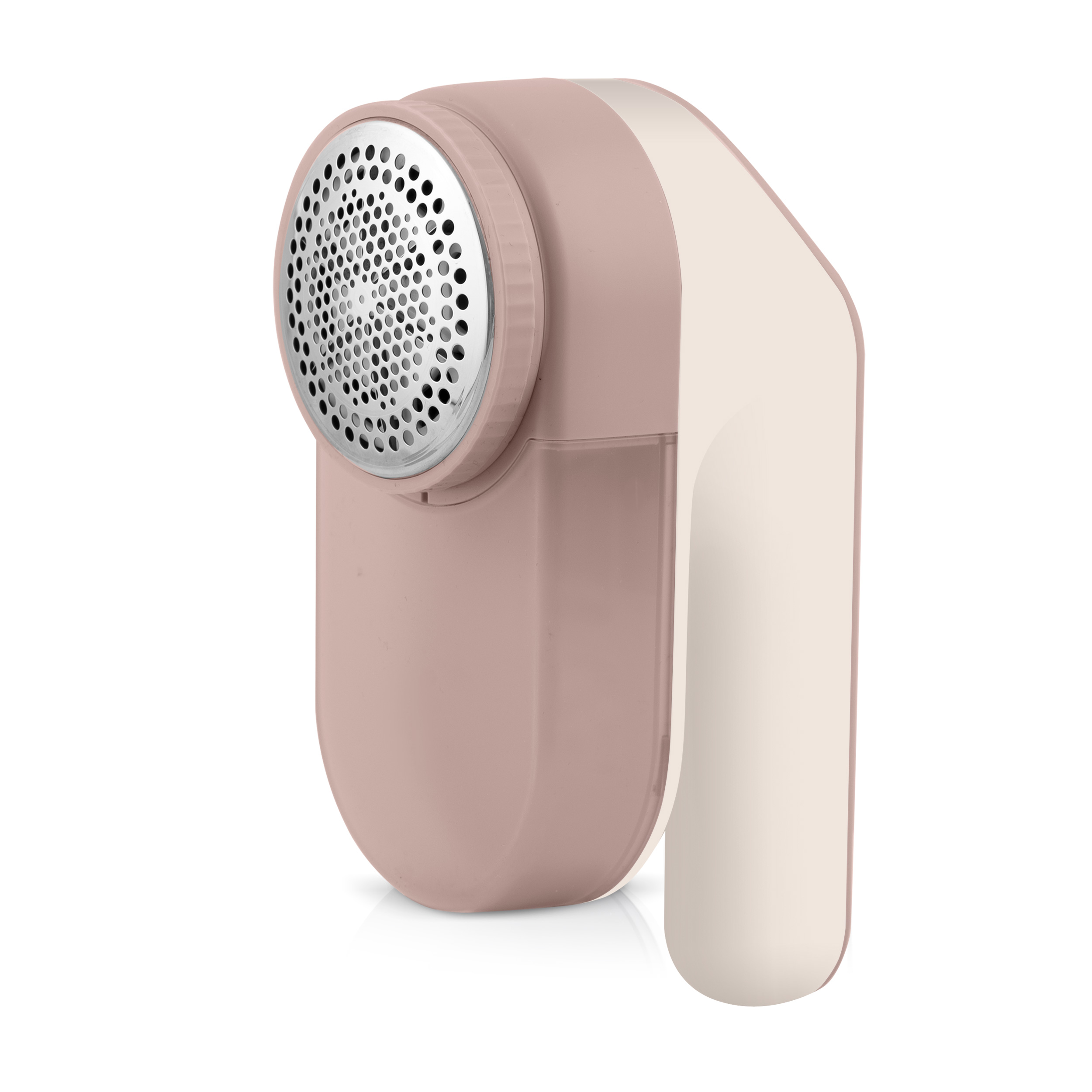 Różowo-biała golarka do tkanin. Golarka posiada okrągłą metalową głowicę i uchwyt.