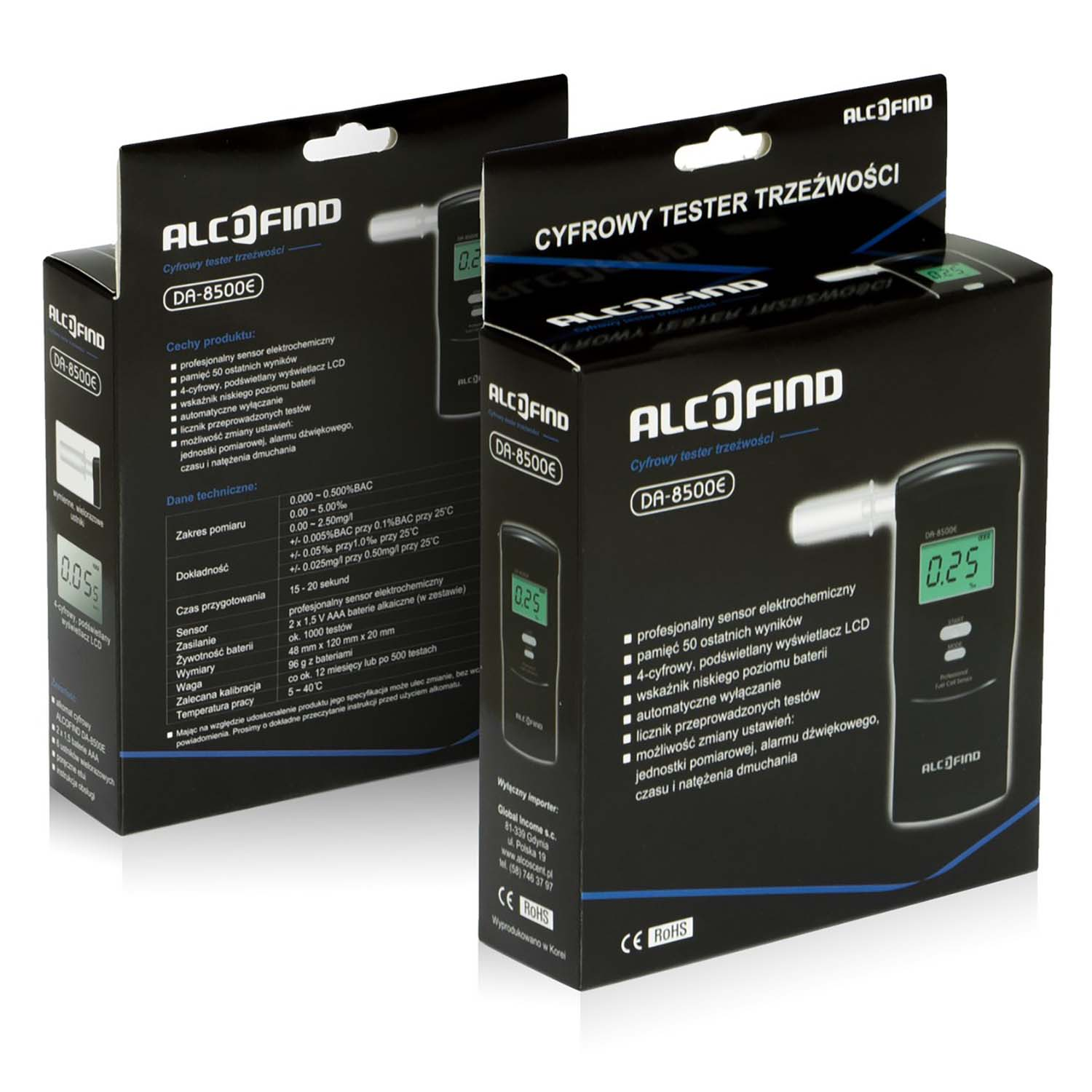 Dwa pudełka z alkomatem z informacjami i alkomatem w środku. Oba pudełka są oznaczone 'ALCOFIND'.