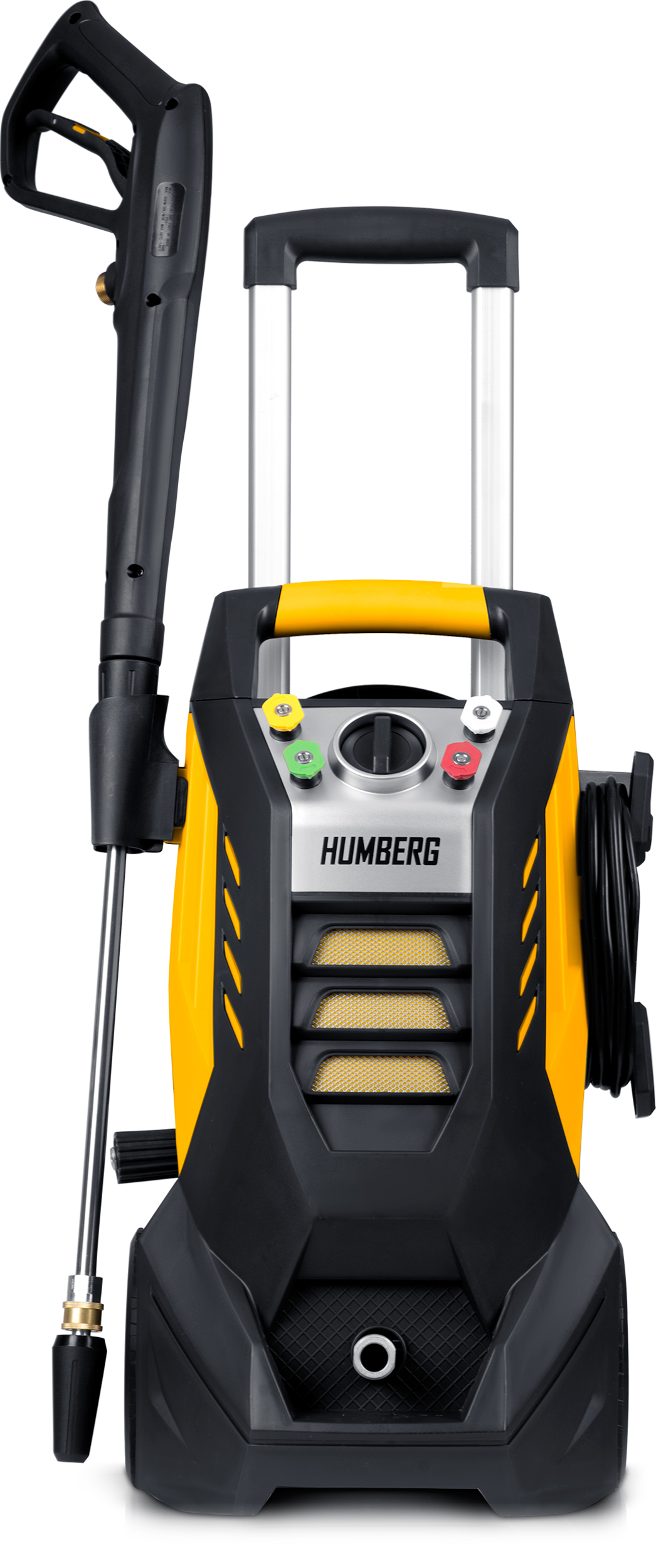 Żółto-czarna myjka ciśnieniowa z uchwytem i bębnem na wąż.