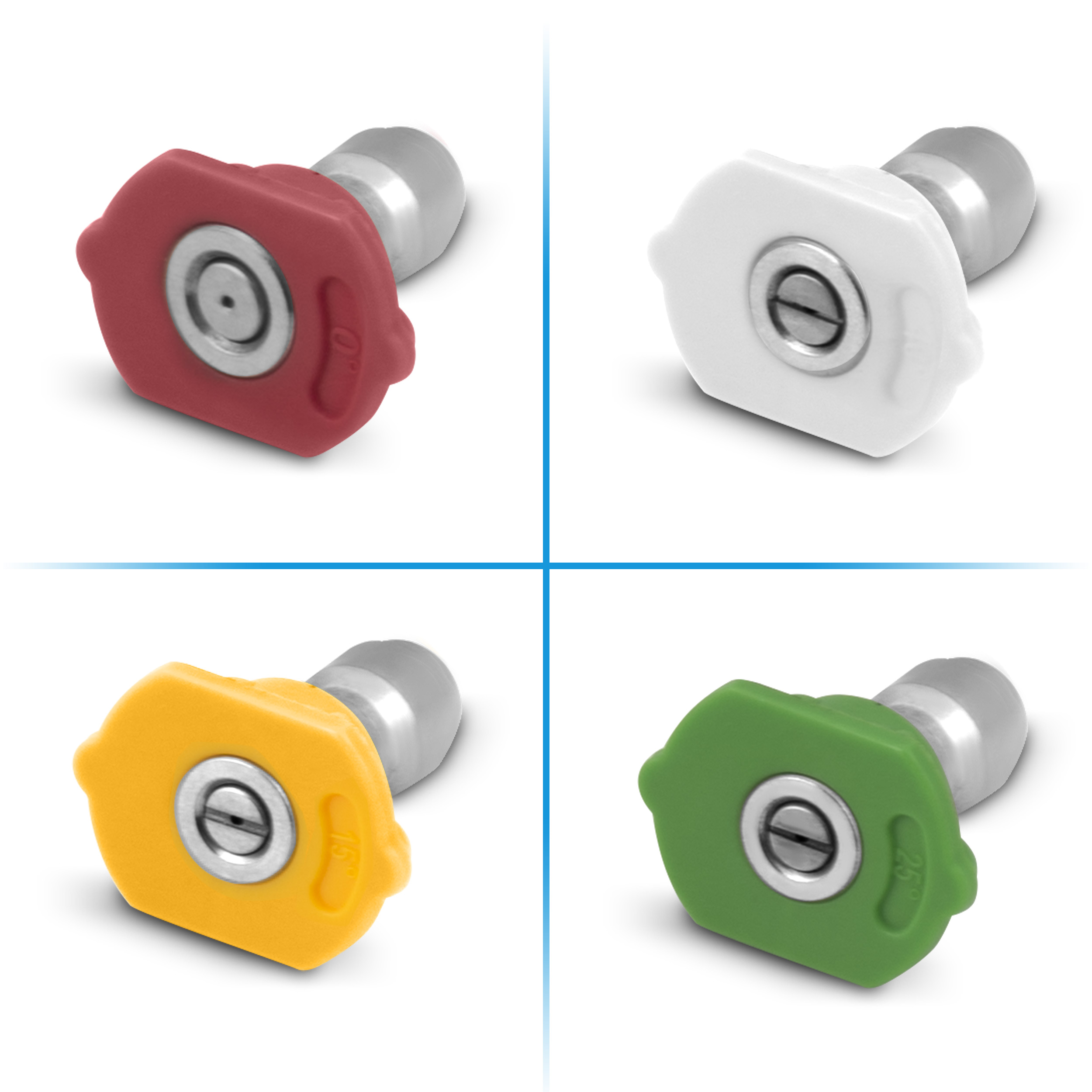 Cztery kolorowe dysze do myjki ciśnieniowej: czerwona, biała, żółta i zielona, ułożone na białej powierzchni.