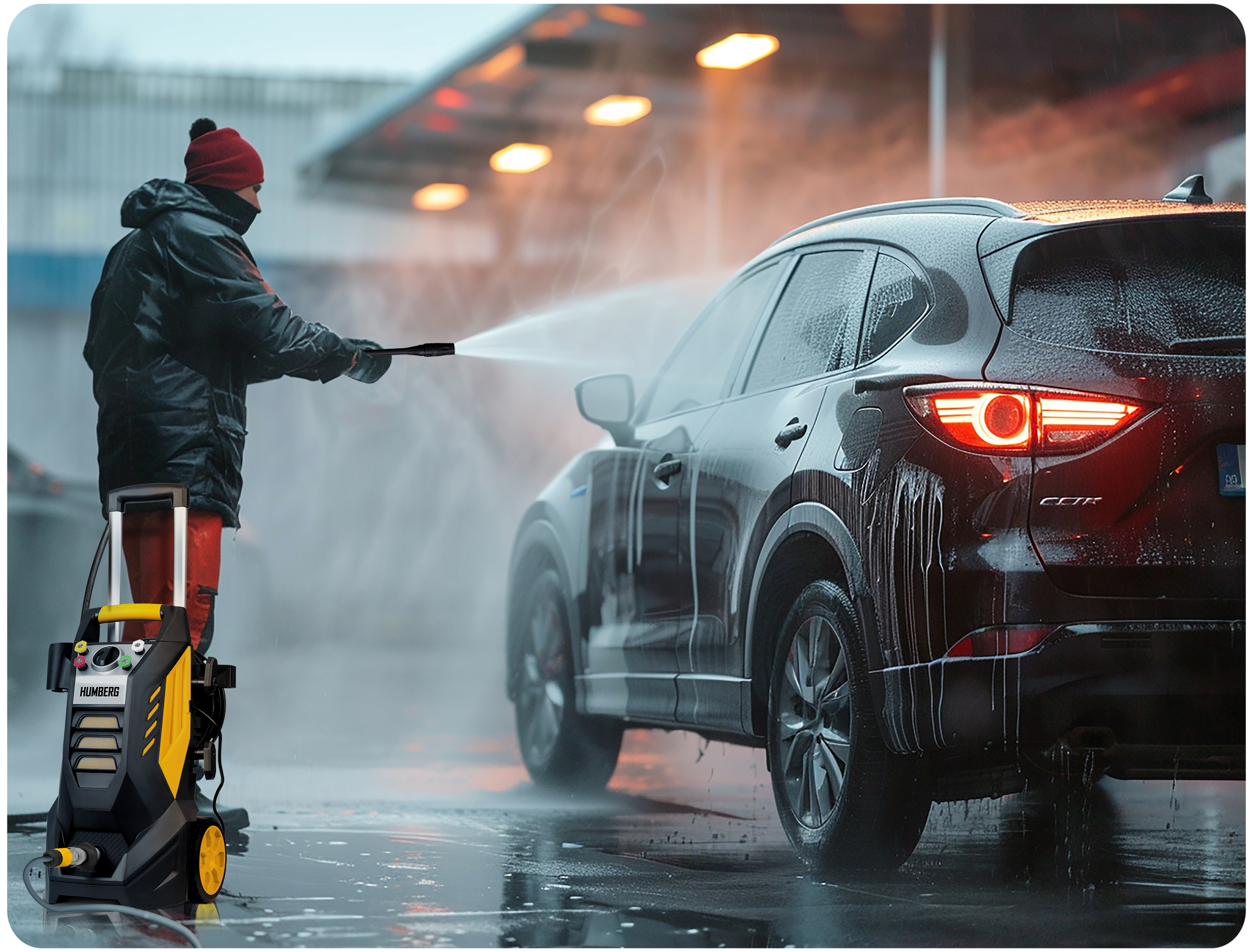 Osoba używa myjki ciśnieniowej do czyszczenia czarnego samochodu SUV. Myjka jest żółto-czarna.