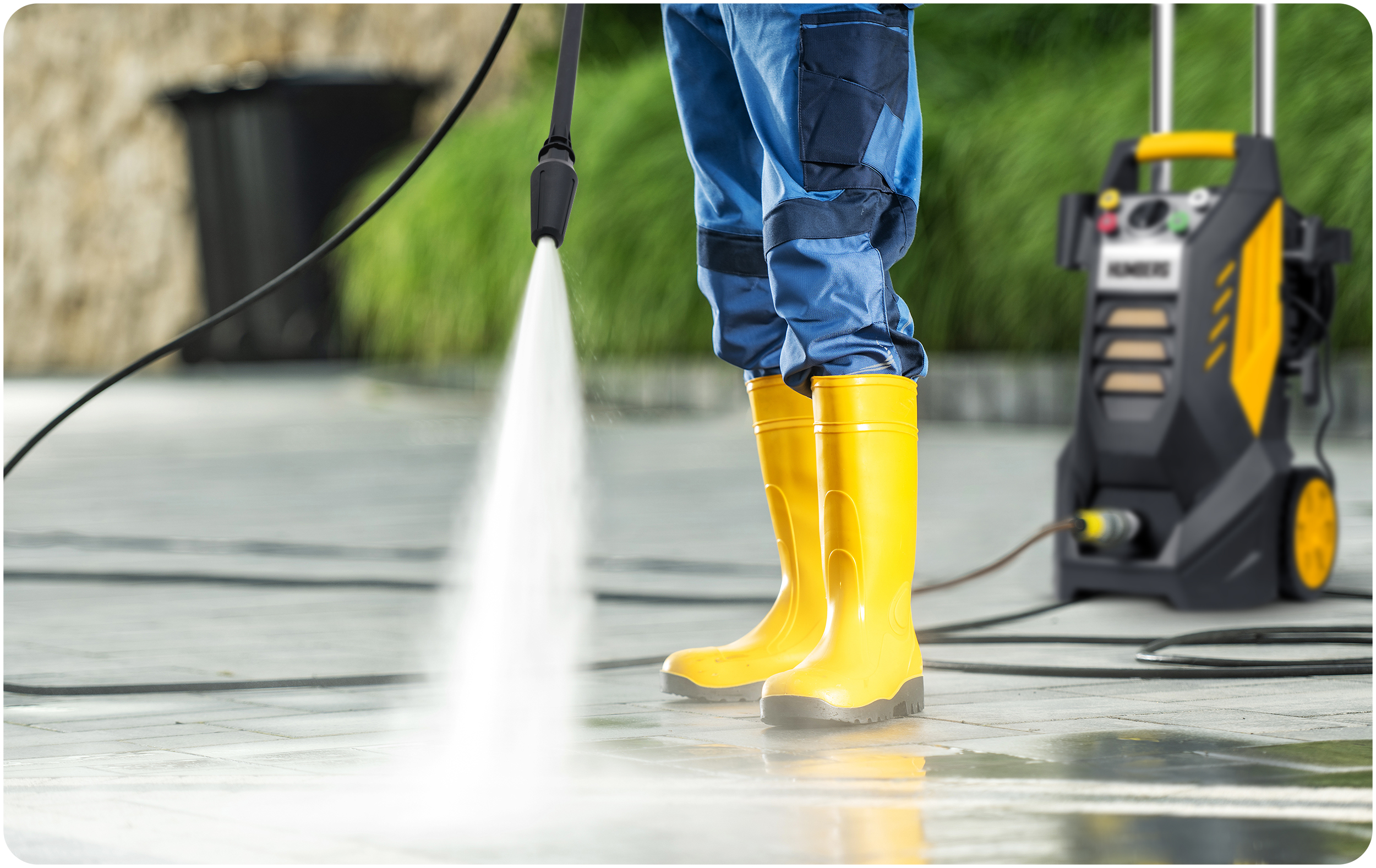 Osoba w żółtych butach czyści utwardzoną powierzchnię myjką ciśnieniową.