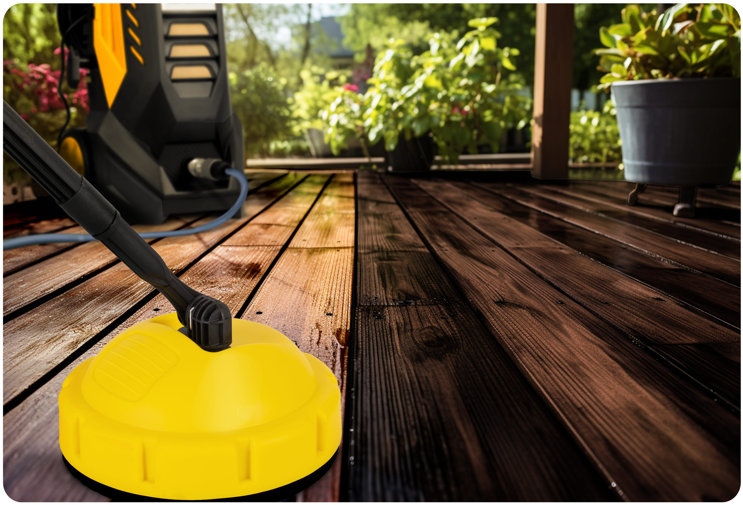 Żółto-czyszczący myjka ciśnieniowa czyszcząca drewniany taras. Taras jest częściowo czysty, pokazując kontrast.