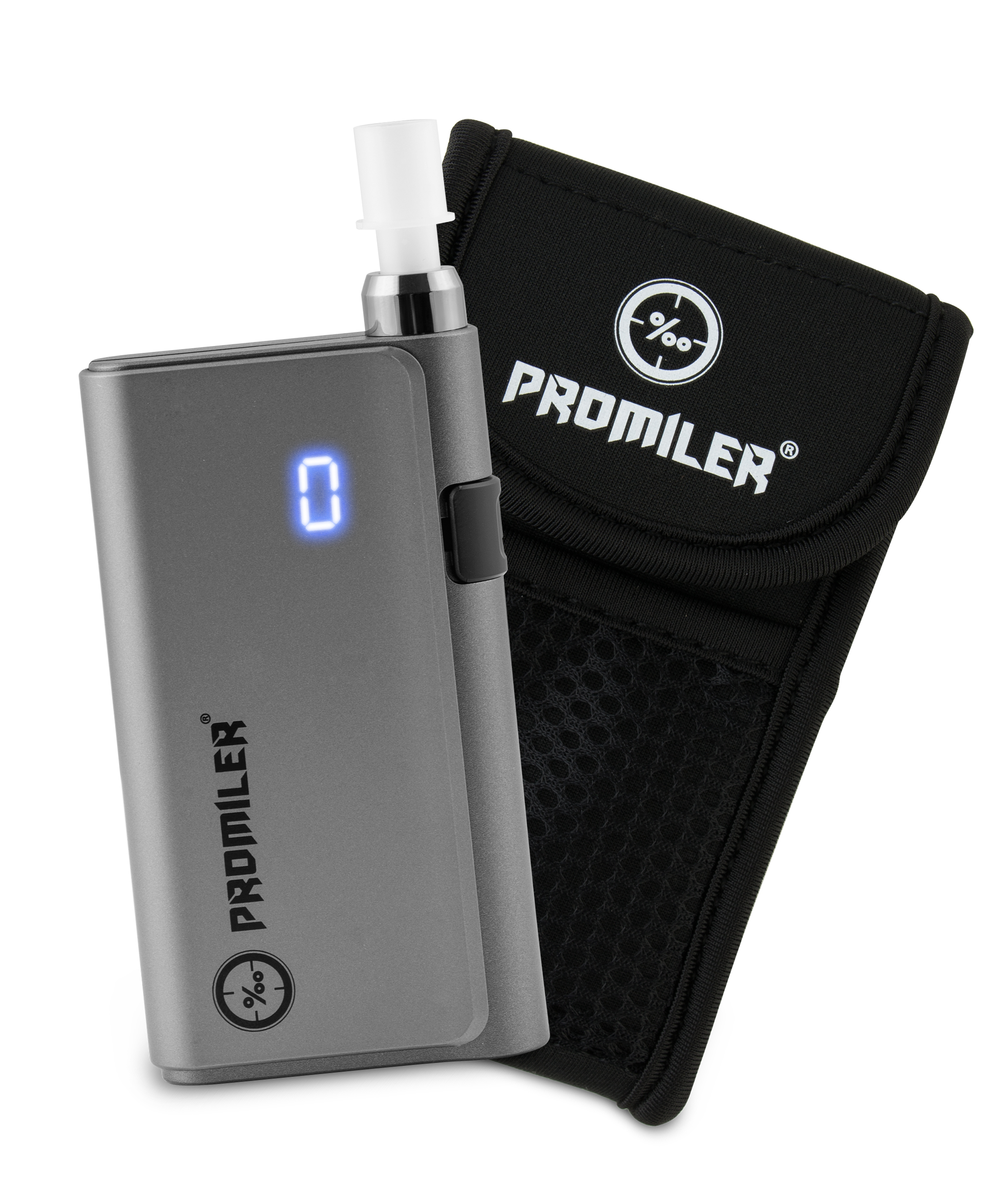 Szary alkomat Promiler z etui. Wyświetla cyfrę '0'. Dołączona biała końcówka.