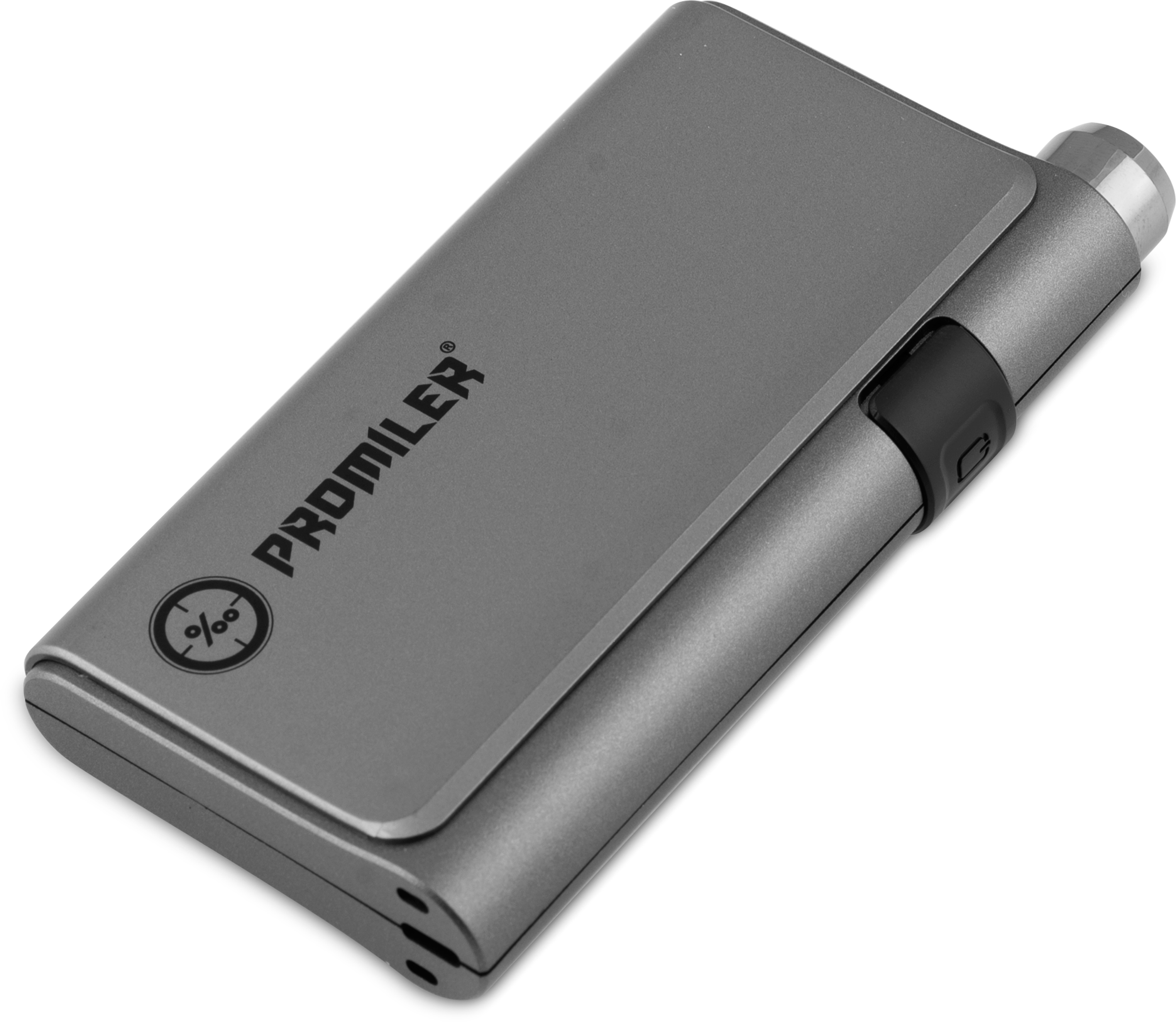 Szary alkomat Promiler. Nazwa marki znajduje się na urządzeniu. Na urządzeniu znajduje się również okrągłe logo.