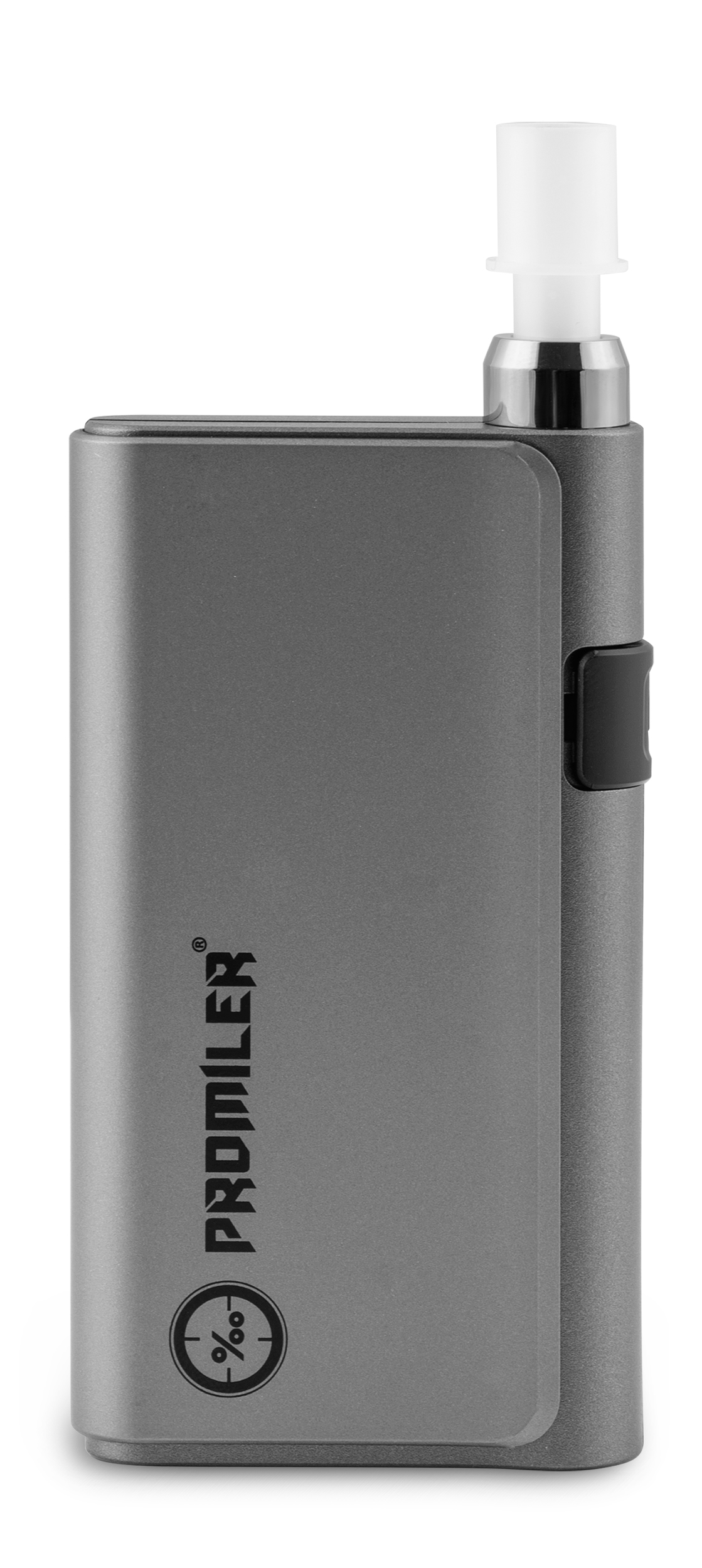 Mały, szary alkomat z białym ustnikiem. Urządzenie ma cyfrowy wyświetlacz i logo 'Promiler'.