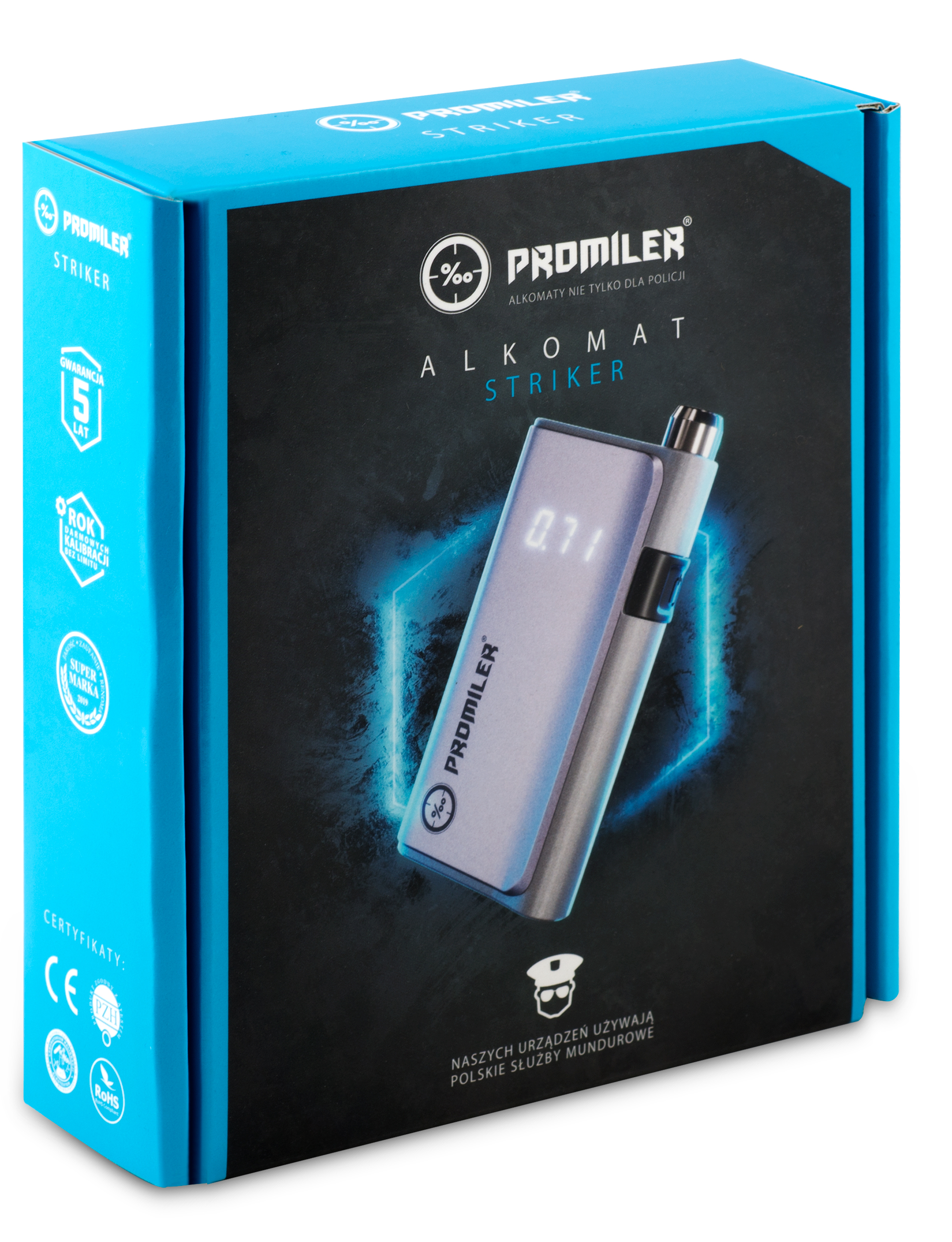 Niebieskie pudełko alkomatu Promiler. Urządzenie wyświetla cyfrę '0,71'. Zawiera alkomat.