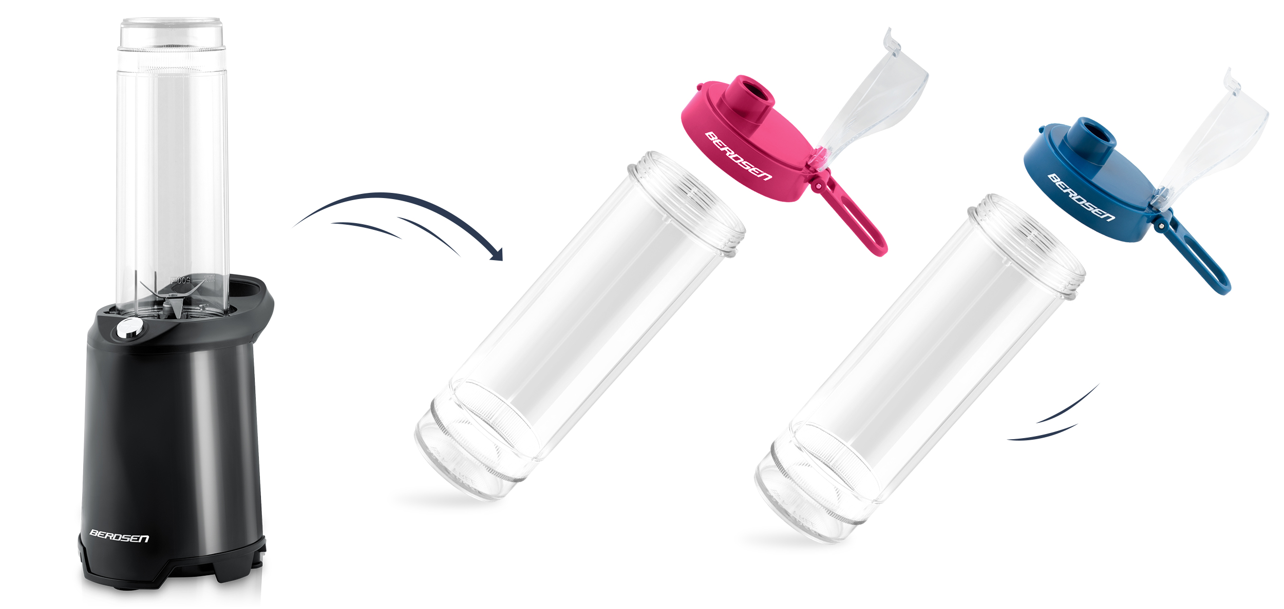 Czarny blender, dwa przezroczyste pojemniki i dwie kolorowe pokrywki. Strzałki wskazują montaż.