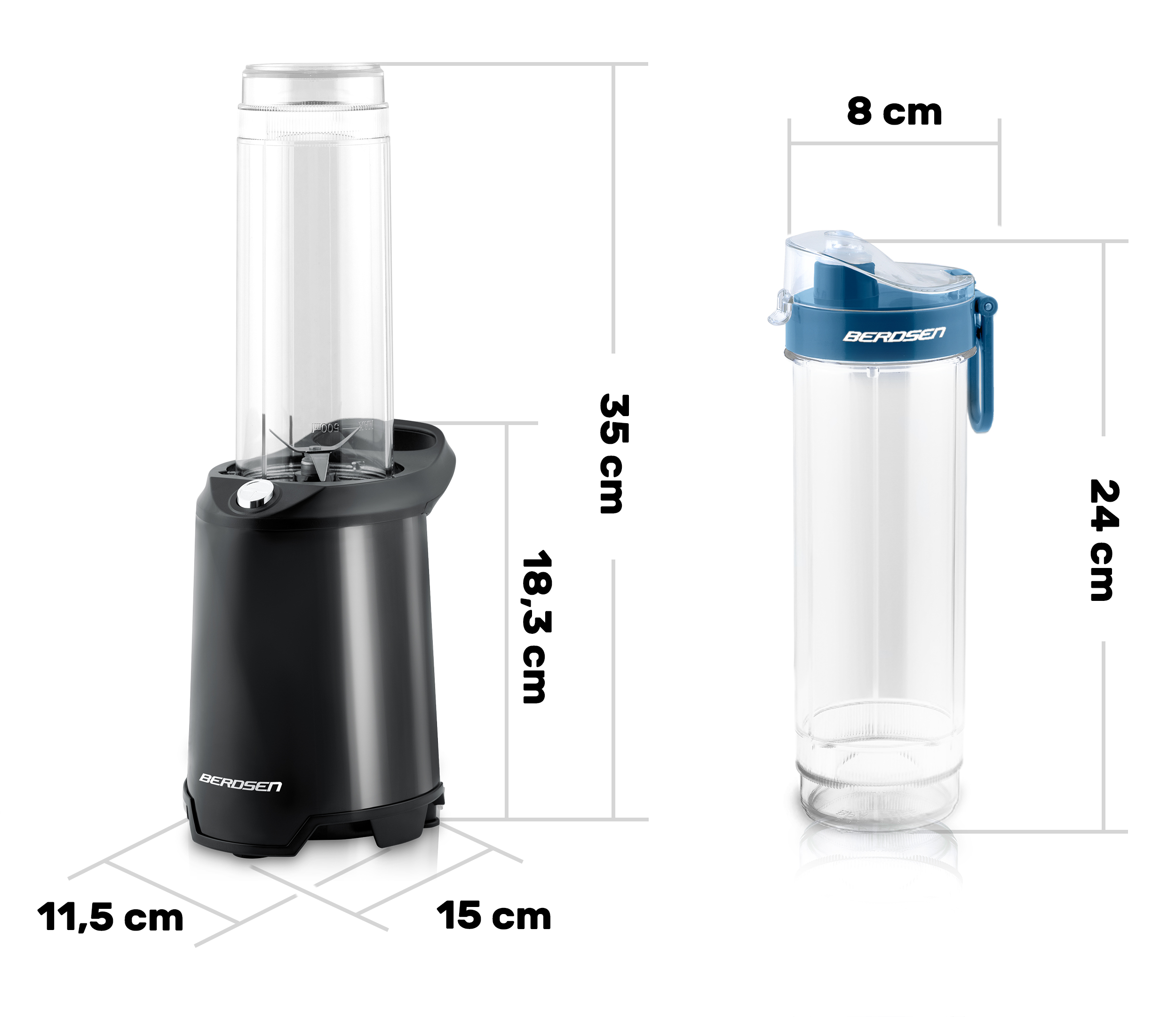 Blender z zaznaczonymi wymiarami. Blender jest czarny. Pojemnik, niebieska pokrywka i wymiary są również pokazane.