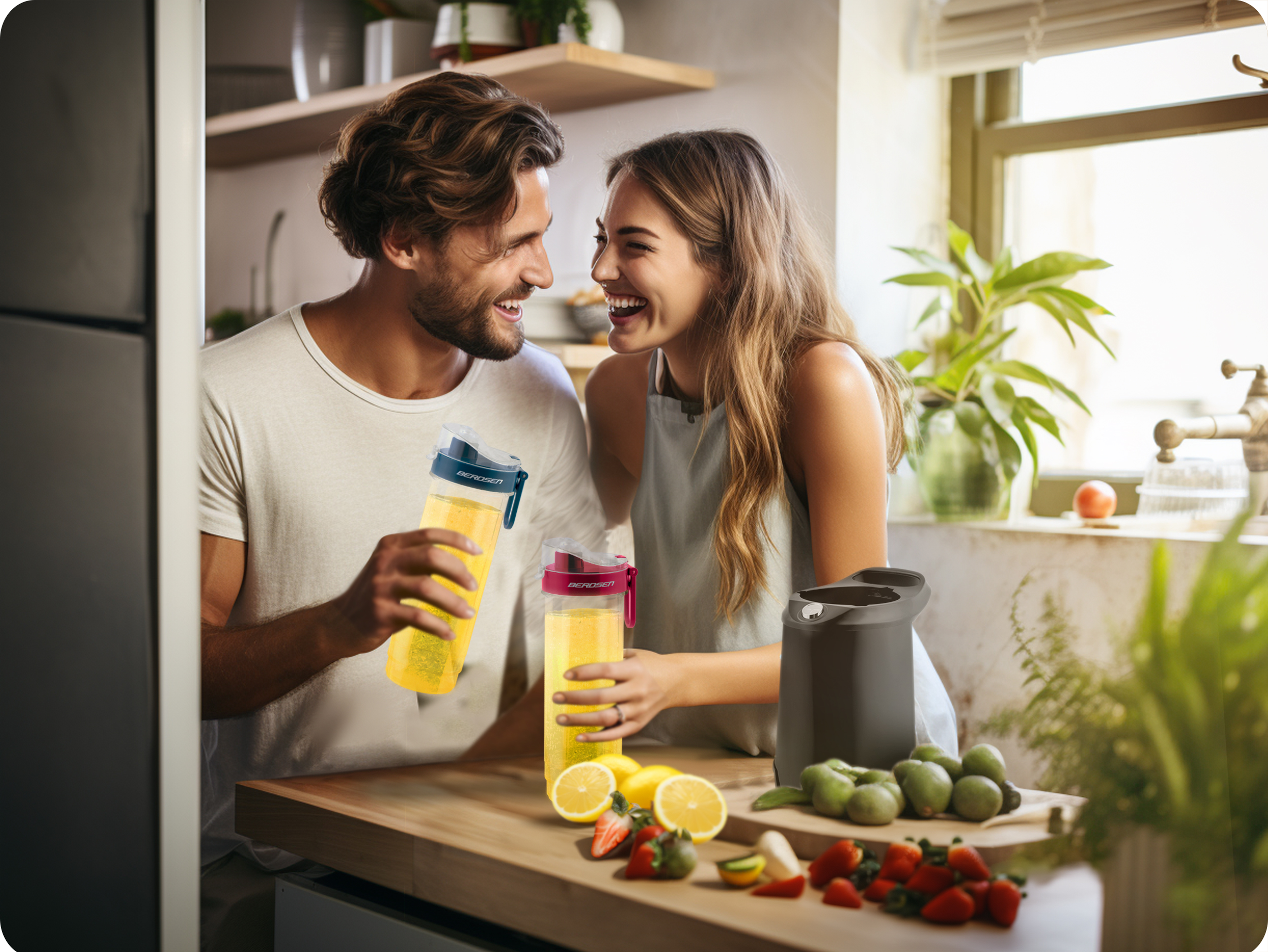 Para śmiejąca się i trzymająca przezroczyste butelki z żółtym płynem. Owoce i blender na blacie.