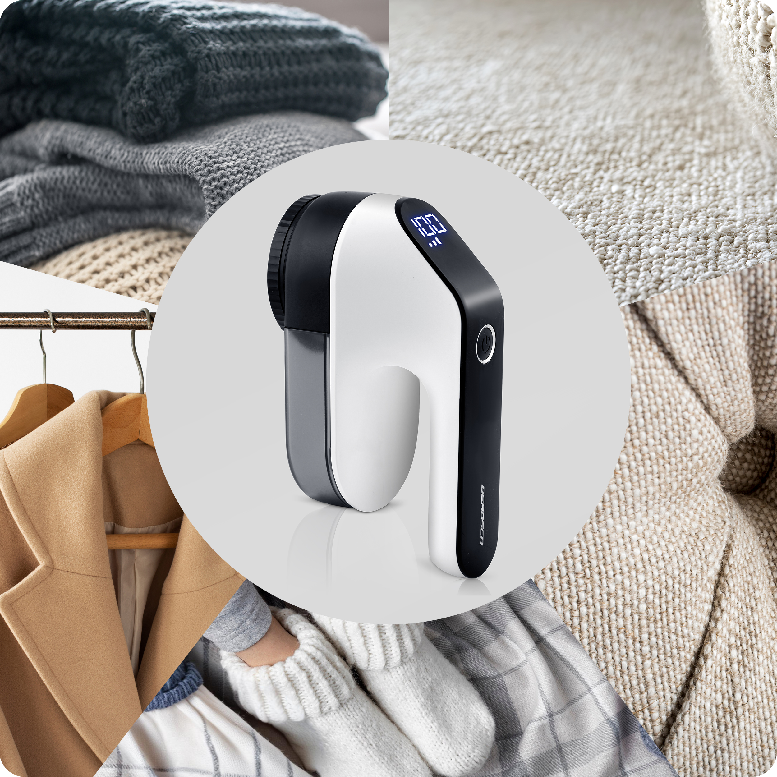 Golarka do tkanin otoczona próbkami tkanin i ubraniami. Golarka jest biało-czarna.