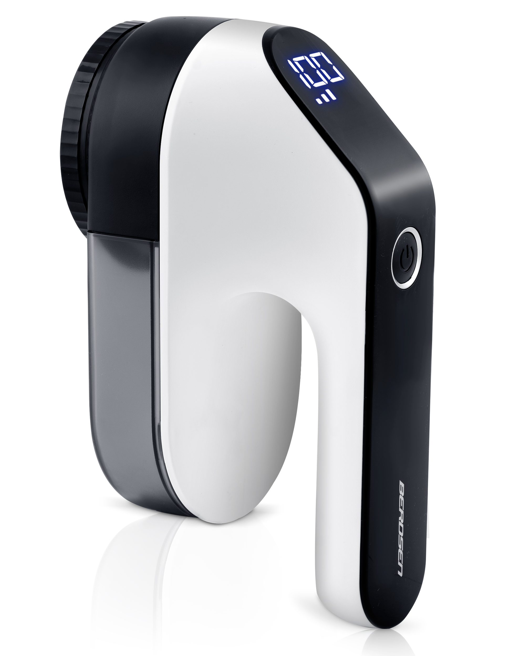 Biało-czarna golarka do tkanin z przyciskiem włącz/wyłącz i wyświetlaczem cyfrowym.