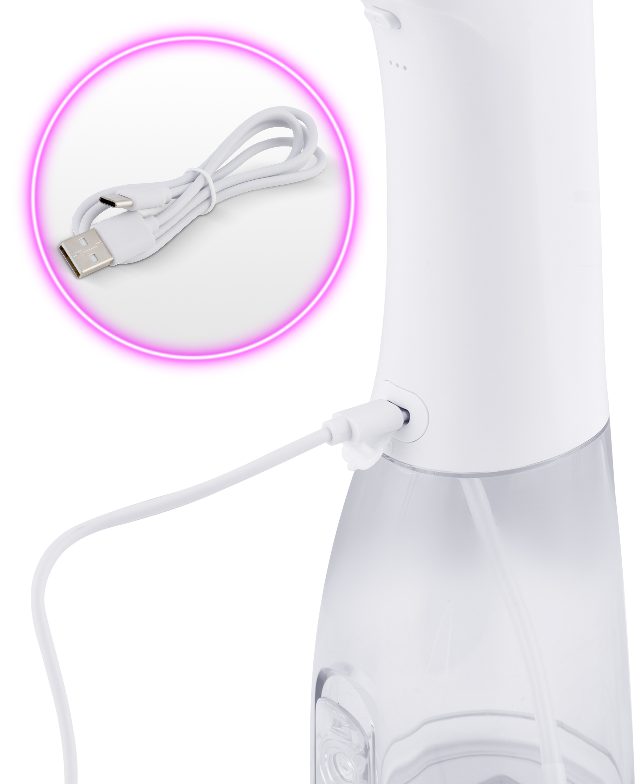 Biała butelka z rozpylaczem z białym kablem USB. Różowe kółko podświetla kabel. Butelka jest częściowo przezroczysta.