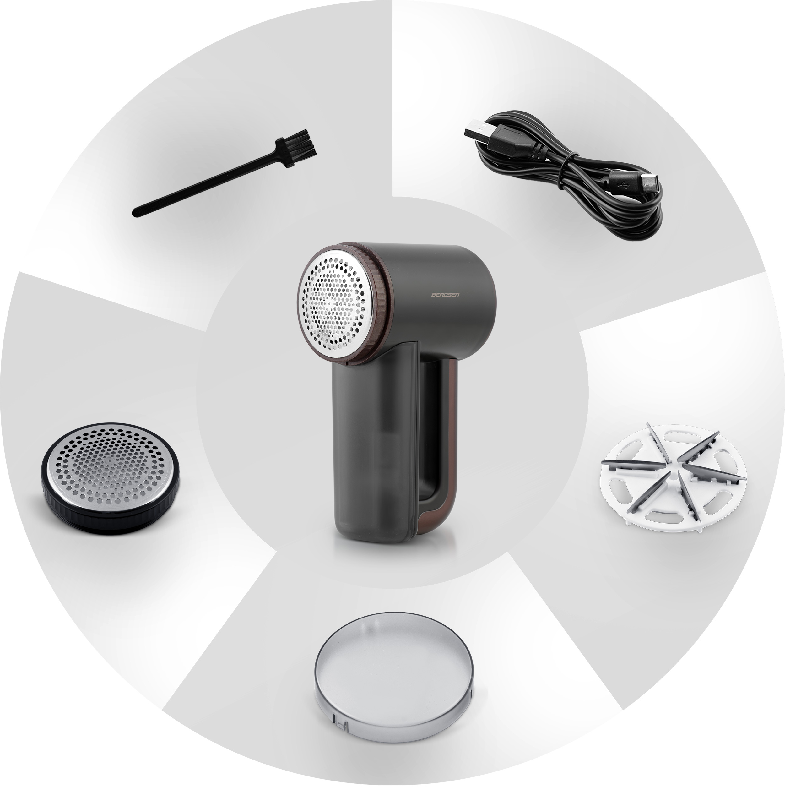 Różne części golarki do tkanin ułożone w okrąg, podkreślając jej elementy.