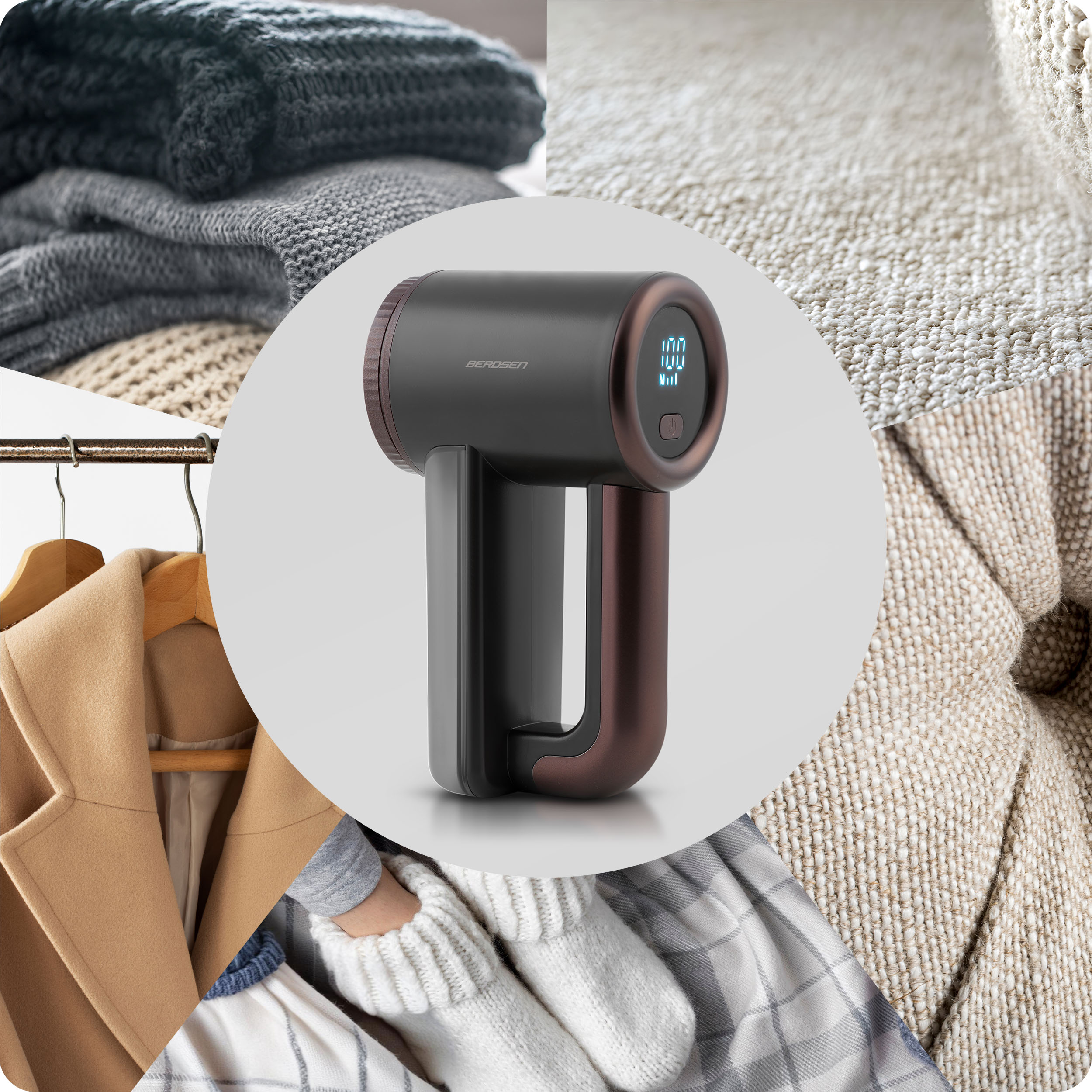 Urządzenie do usuwania kłaczków pośrodku. Wokół niego zbliżenia tekstur tkanin i elementów odzieży, tworząc kolaż.