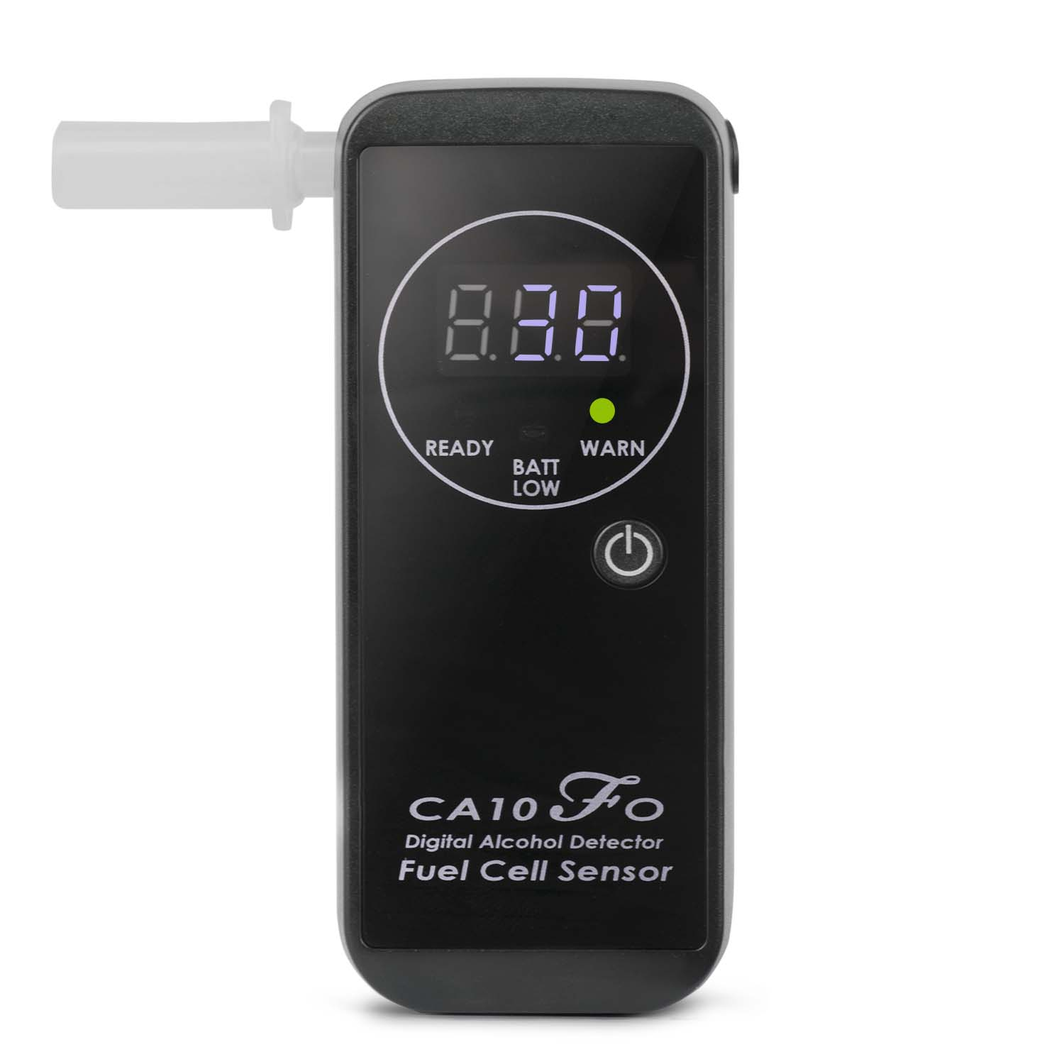 Czarny alkomat z cyfrowym wyświetlaczem pokazującym '8.8.8' oraz wskaźnikami ostrzeżenia i gotowości.