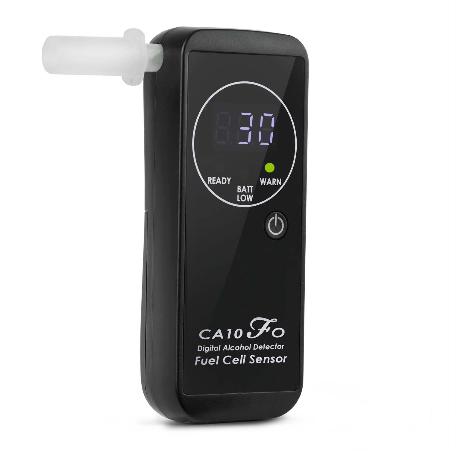 Czarny alkomat z dołączonym ustnikiem. Pokazuje odczyt 0,30, widoczne jest słowo 'WARN'.