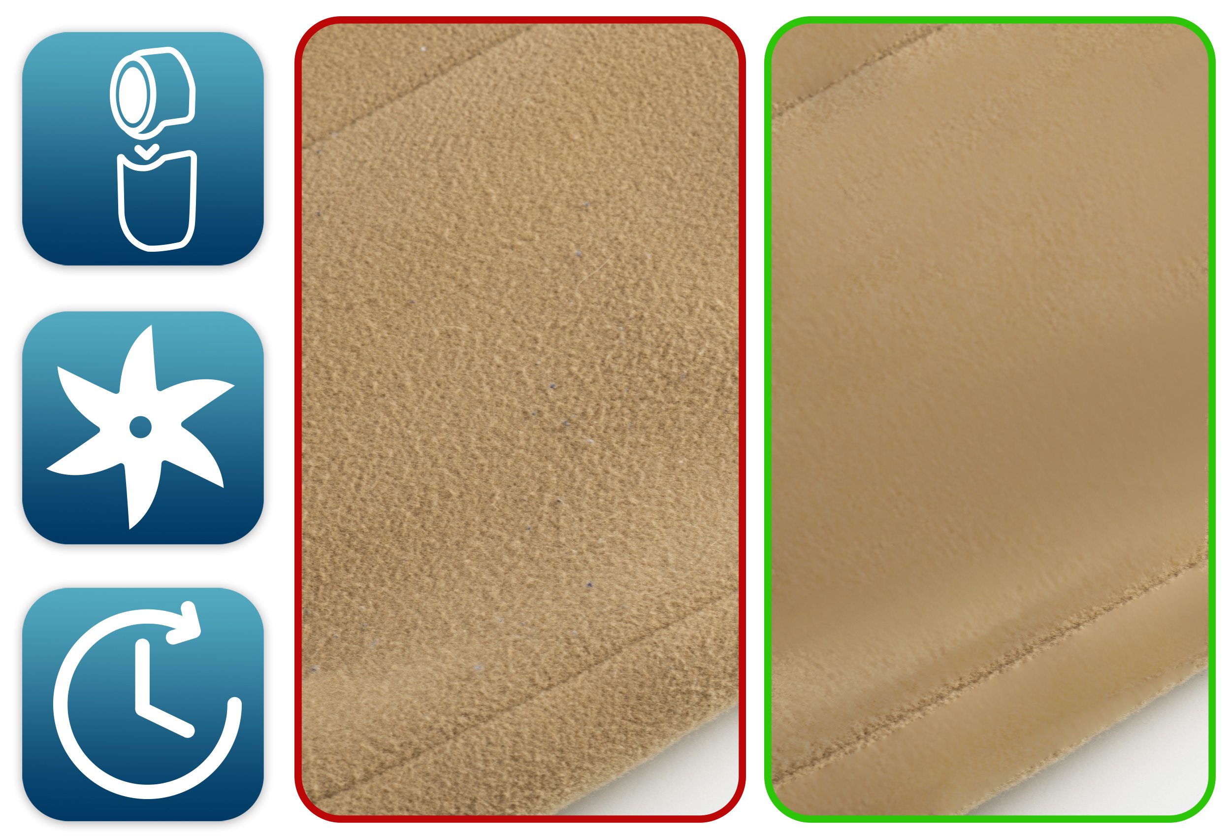 Zbliżenie dwóch części materiału, jedna z pilingiem, druga gładka, z ikonami instrukcji pielęgnacji.