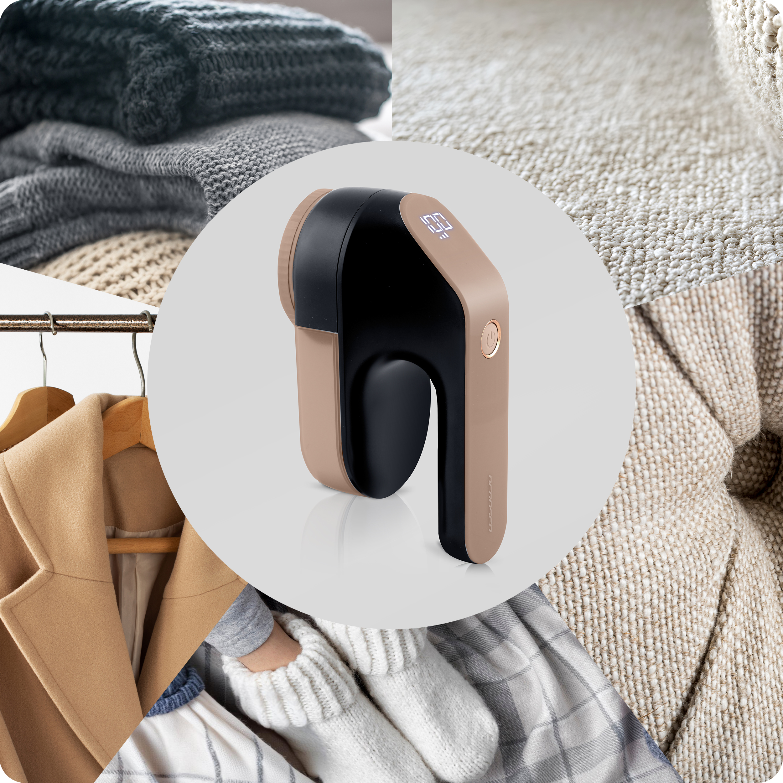 Urządzenie do usuwania kłaczków pośrodku. Wokół niego zbliżenia tekstur tkanin i elementów odzieży, tworząc kolaż.