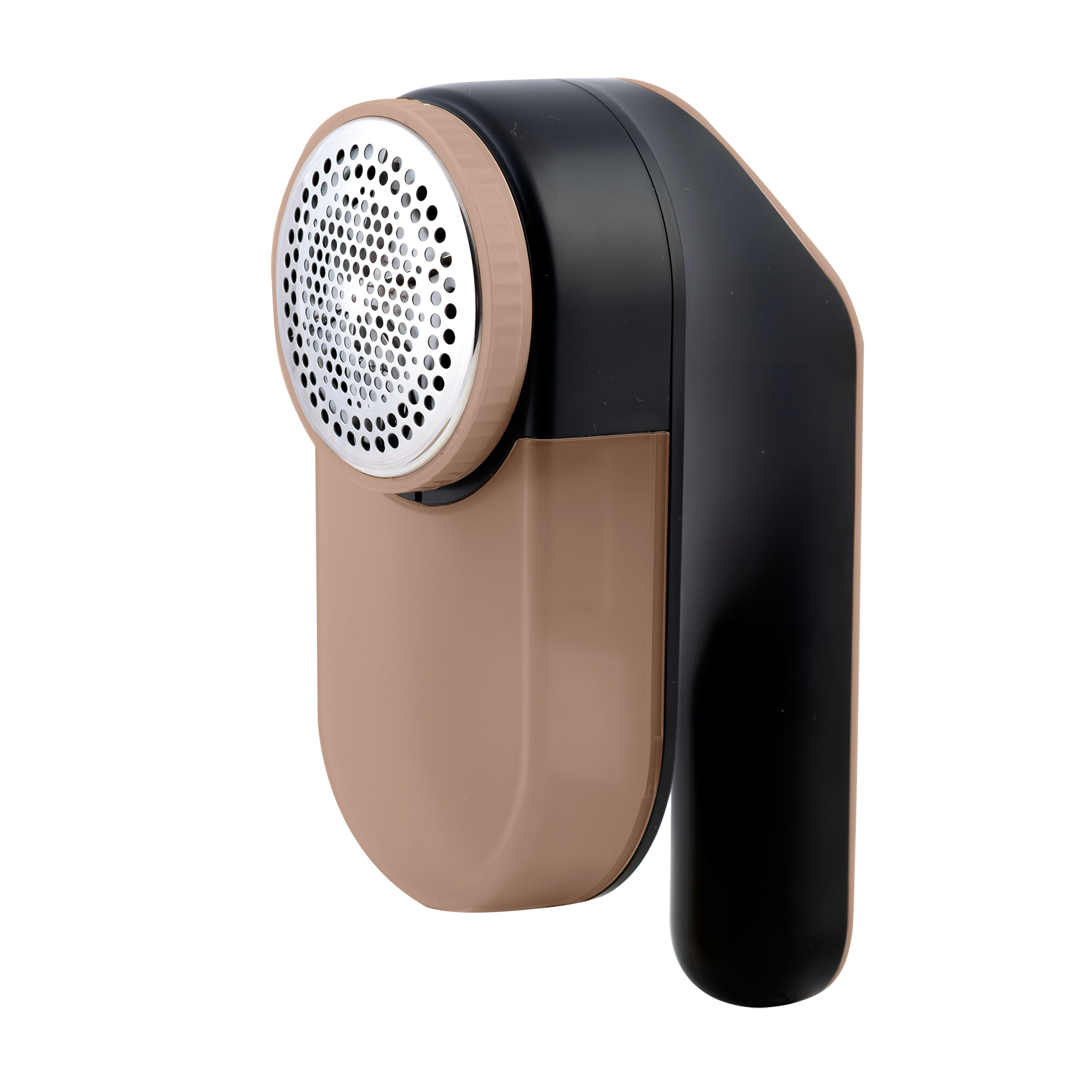 Czarny i beżowy środek do usuwania kłaczków, widok z lekko pochylonej strony. Widoczna jest część siatki. Projekt jest elegancki.